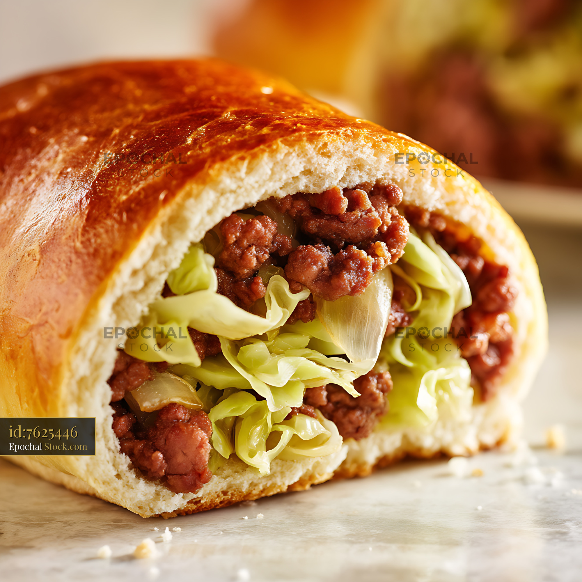 Bierocks with Meat and Cabbage, Golden Crispy Pastry - stock photo