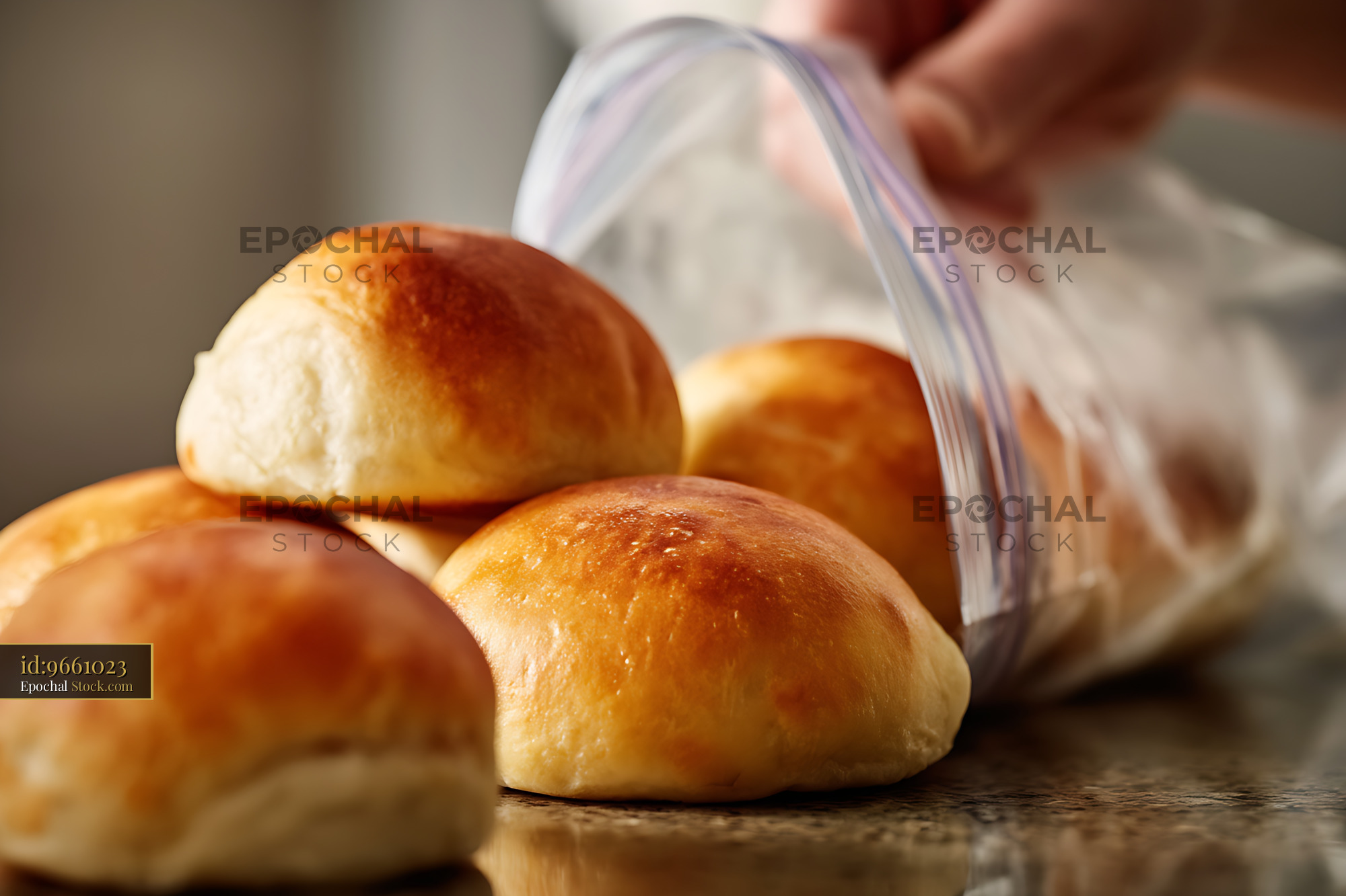 Fresh Baked Bierocks Pastries Wrapped in Striped Bag, Overhead View - stock photo