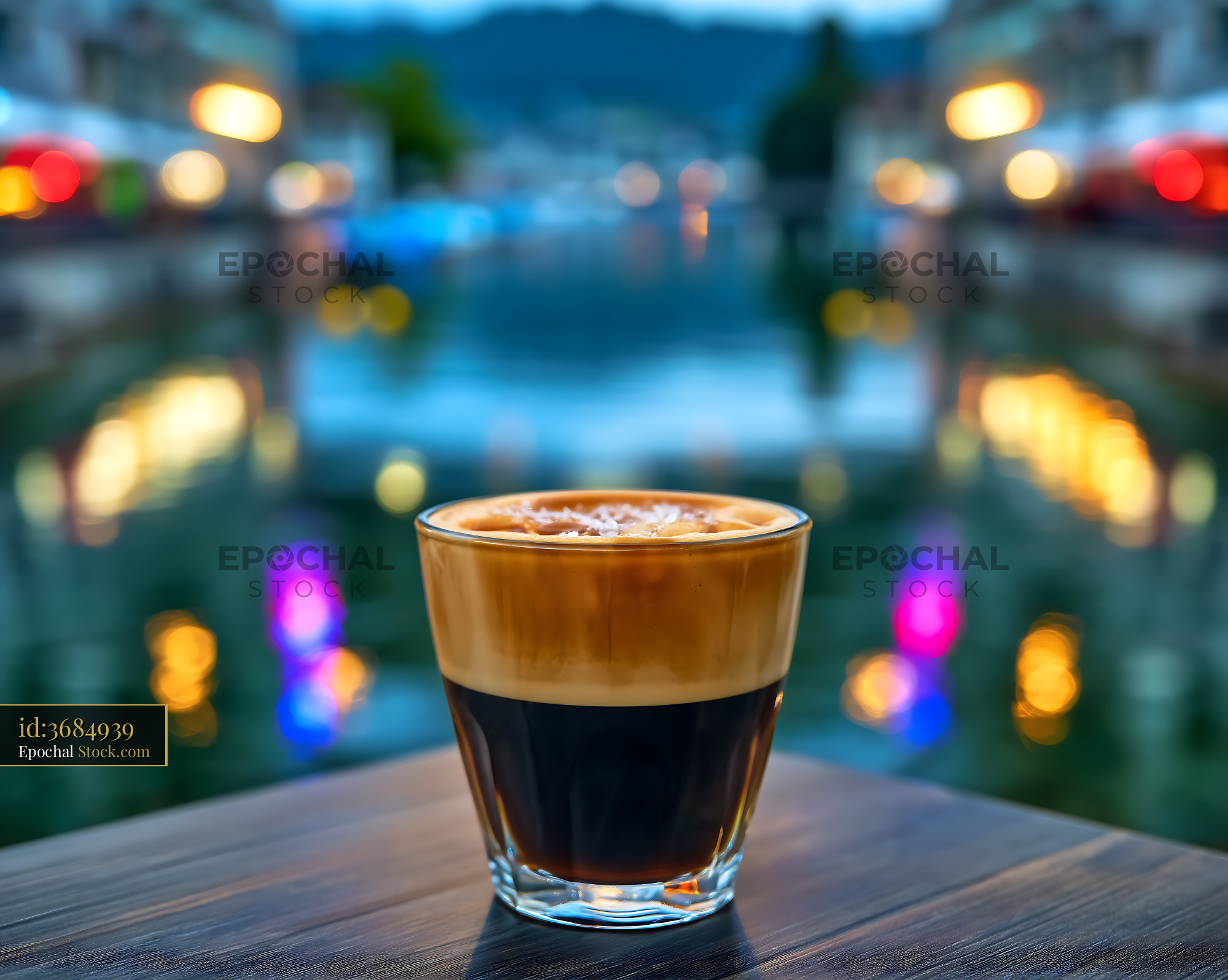 Nitro Caramel Coffee with City Lights - stock photo