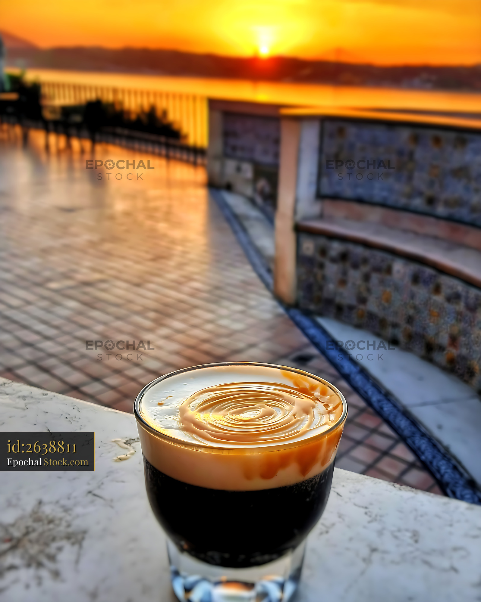 Nitro Caramel Coffee at Sunset Pier - stock photo