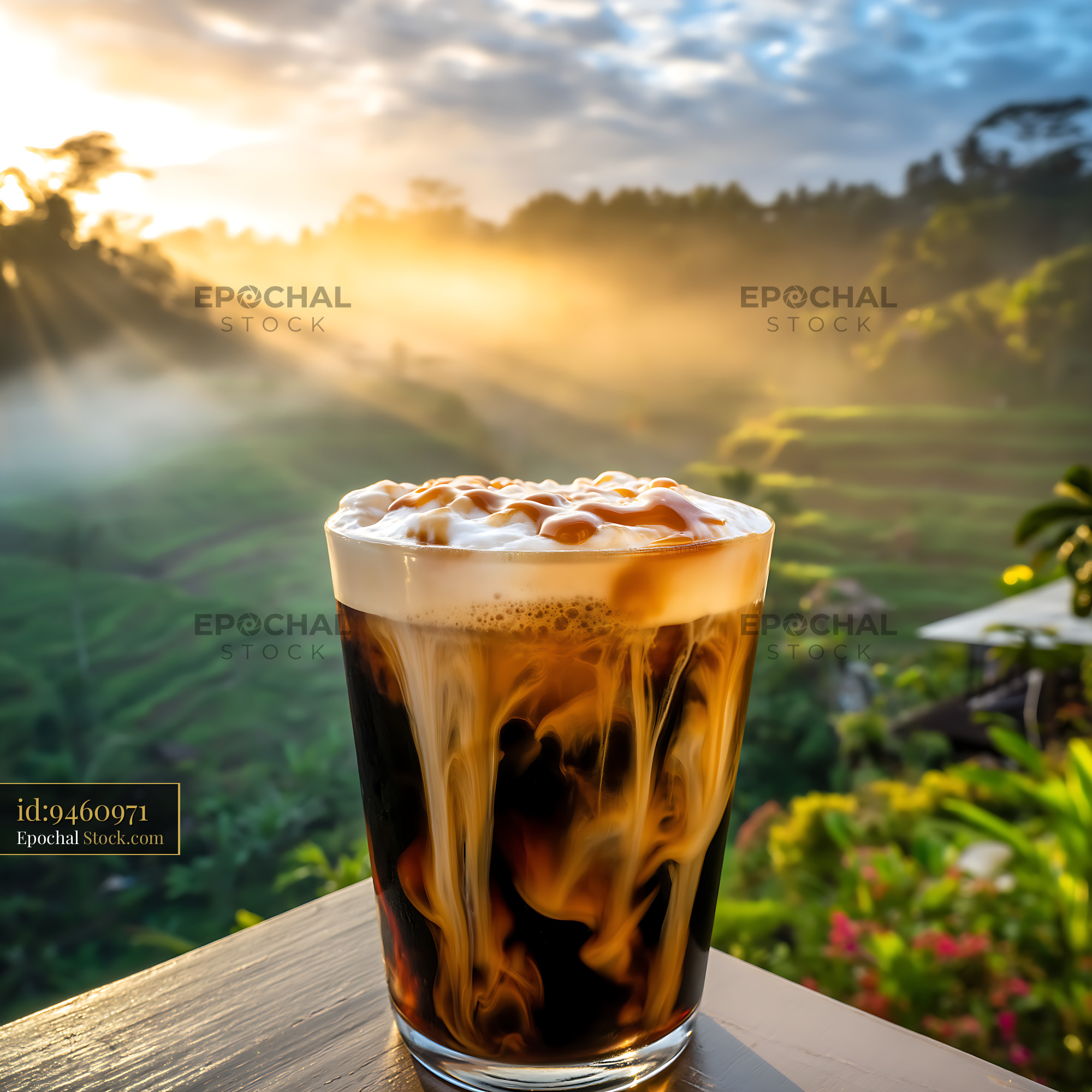 Nitro Caramel Coffee at Misty Sunrise Overlook - stock photo