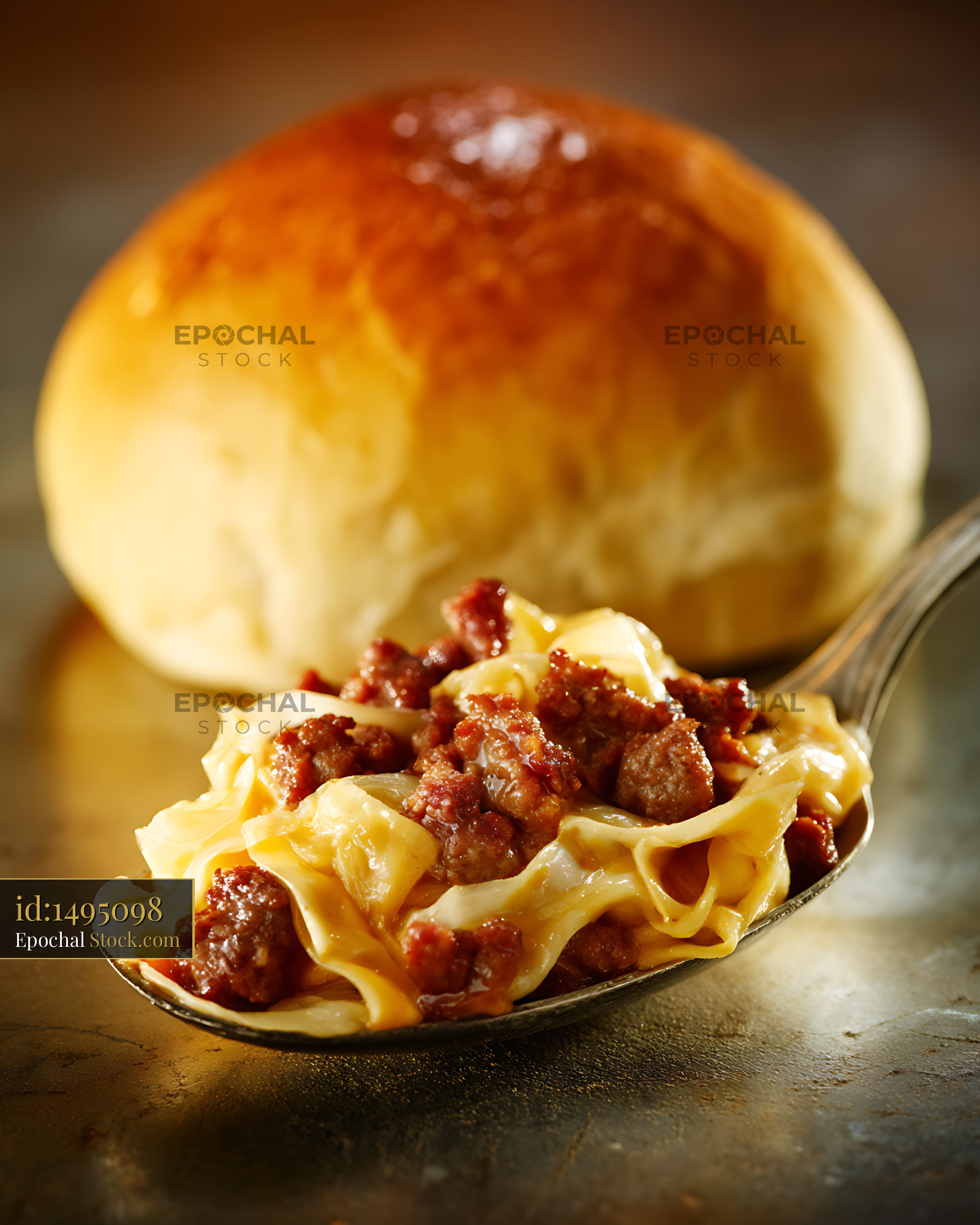 Beef Stroganoff Noodles on Fork Close-Up - stock photo
