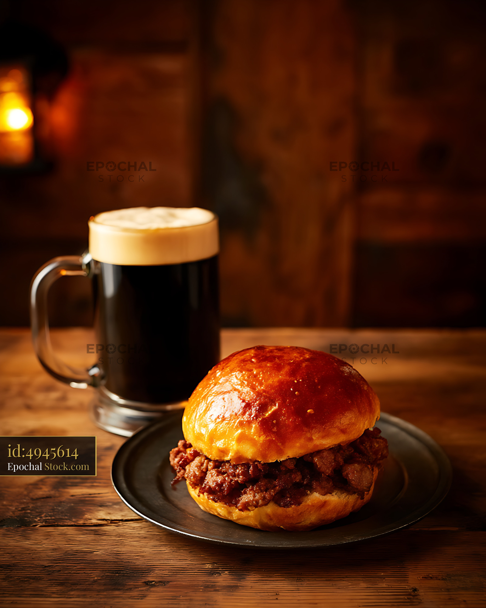 Premium Burger and Dark Beer in Rustic Pub - stock photo