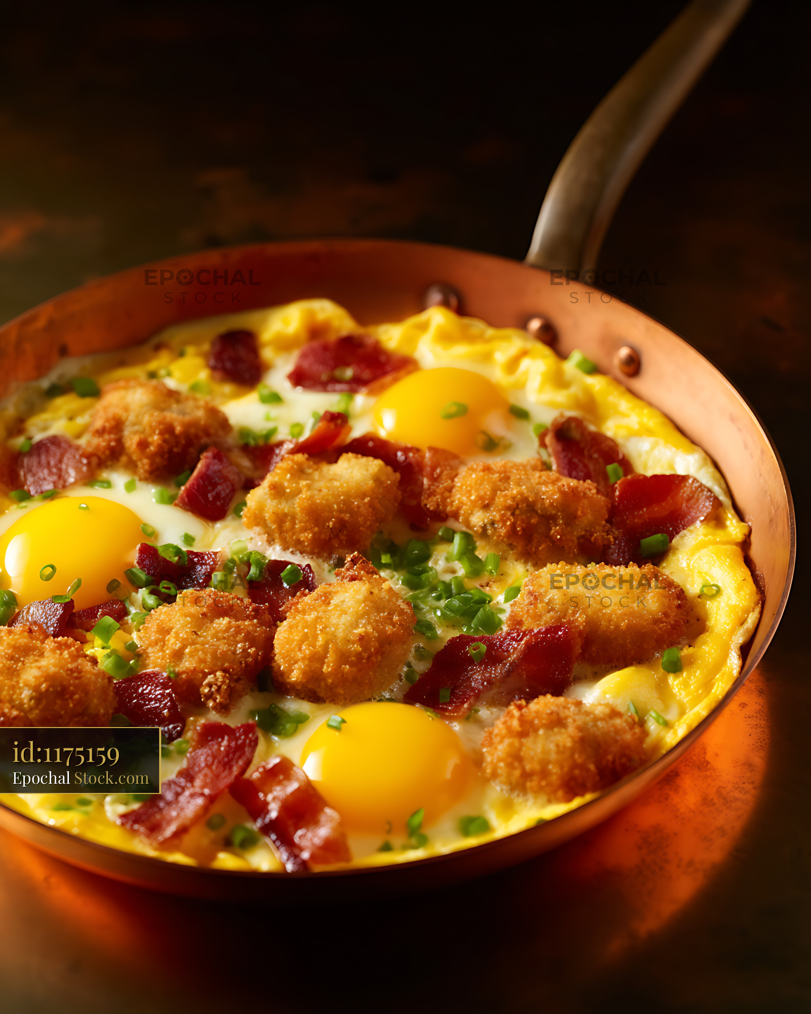 Crispy Shrimp Bacon Omelet in Copper Skillet - stock photo
