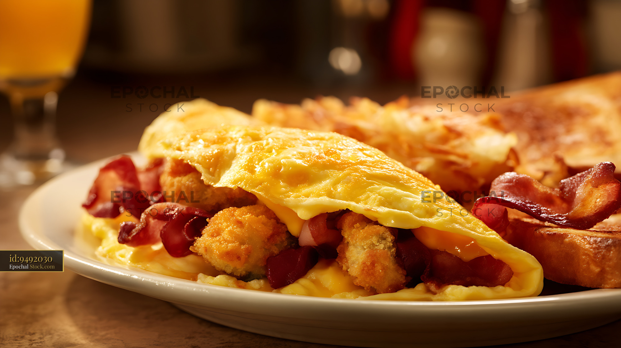 Golden Omelet with Crispy Hash Browns Bacon - stock photo