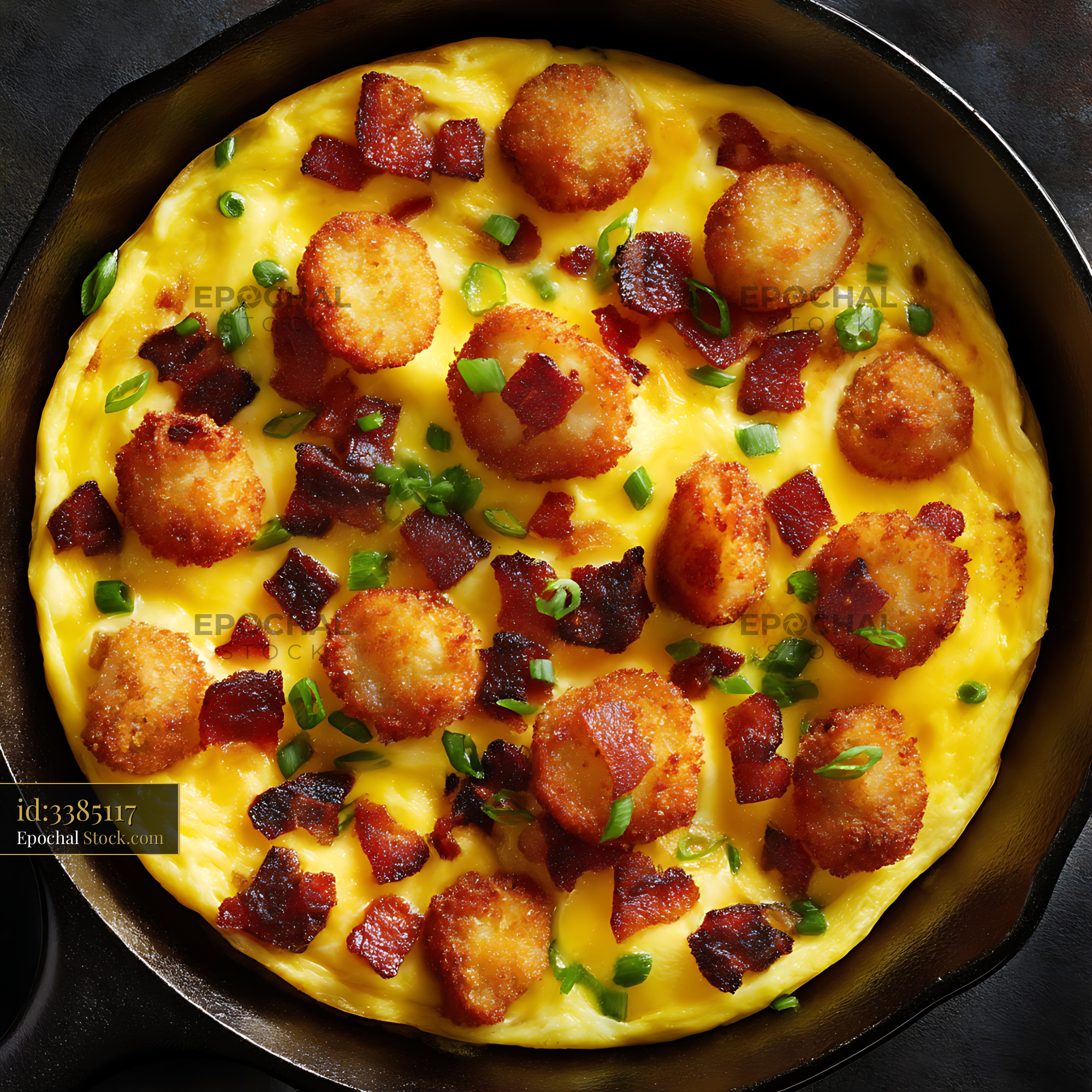 Shrimp & Bacon Frittata in Cast Iron Skillet - stock photo