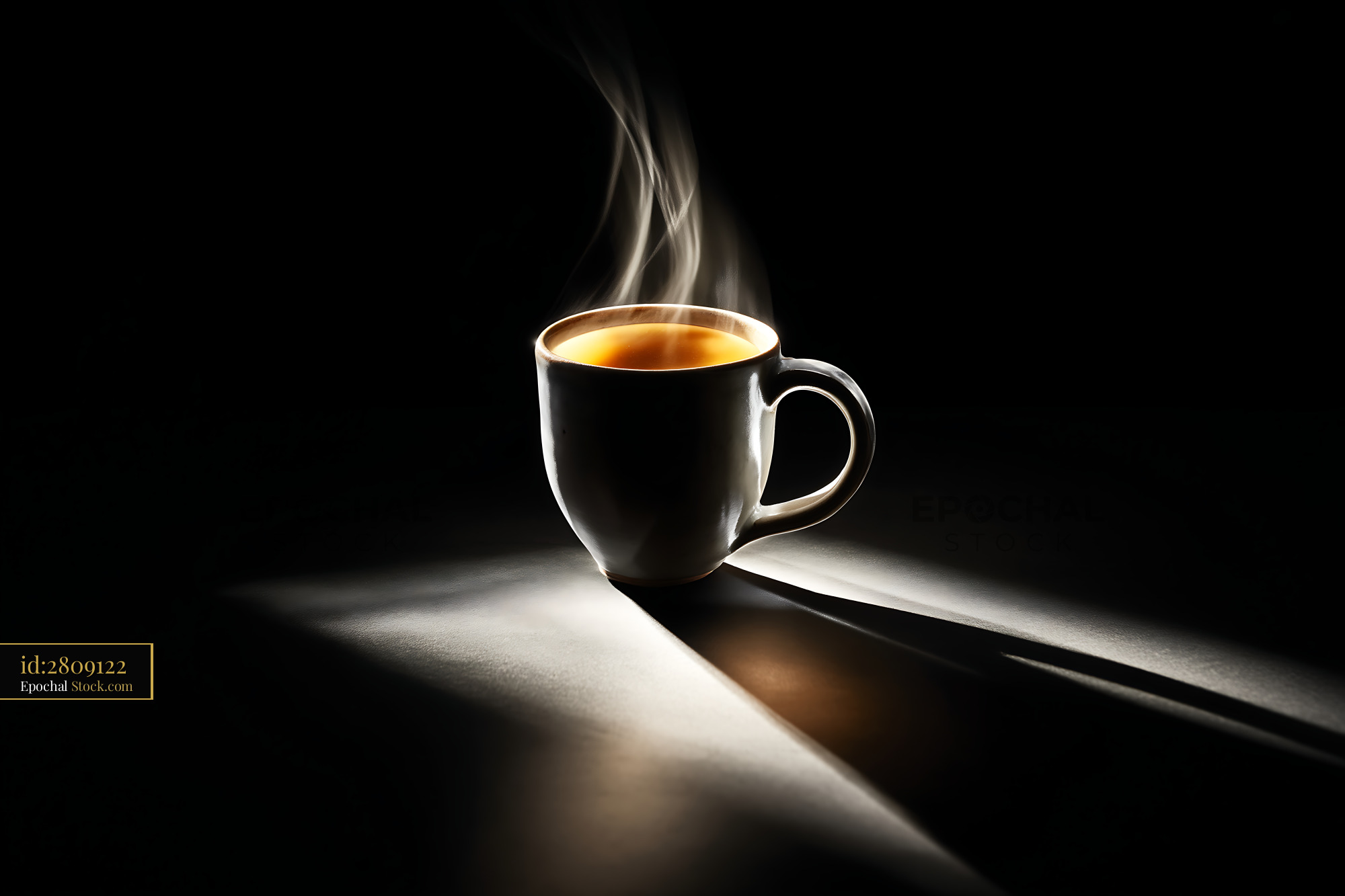 Steaming Hot Coffee Mug with Dramatic Lighting - stock photo