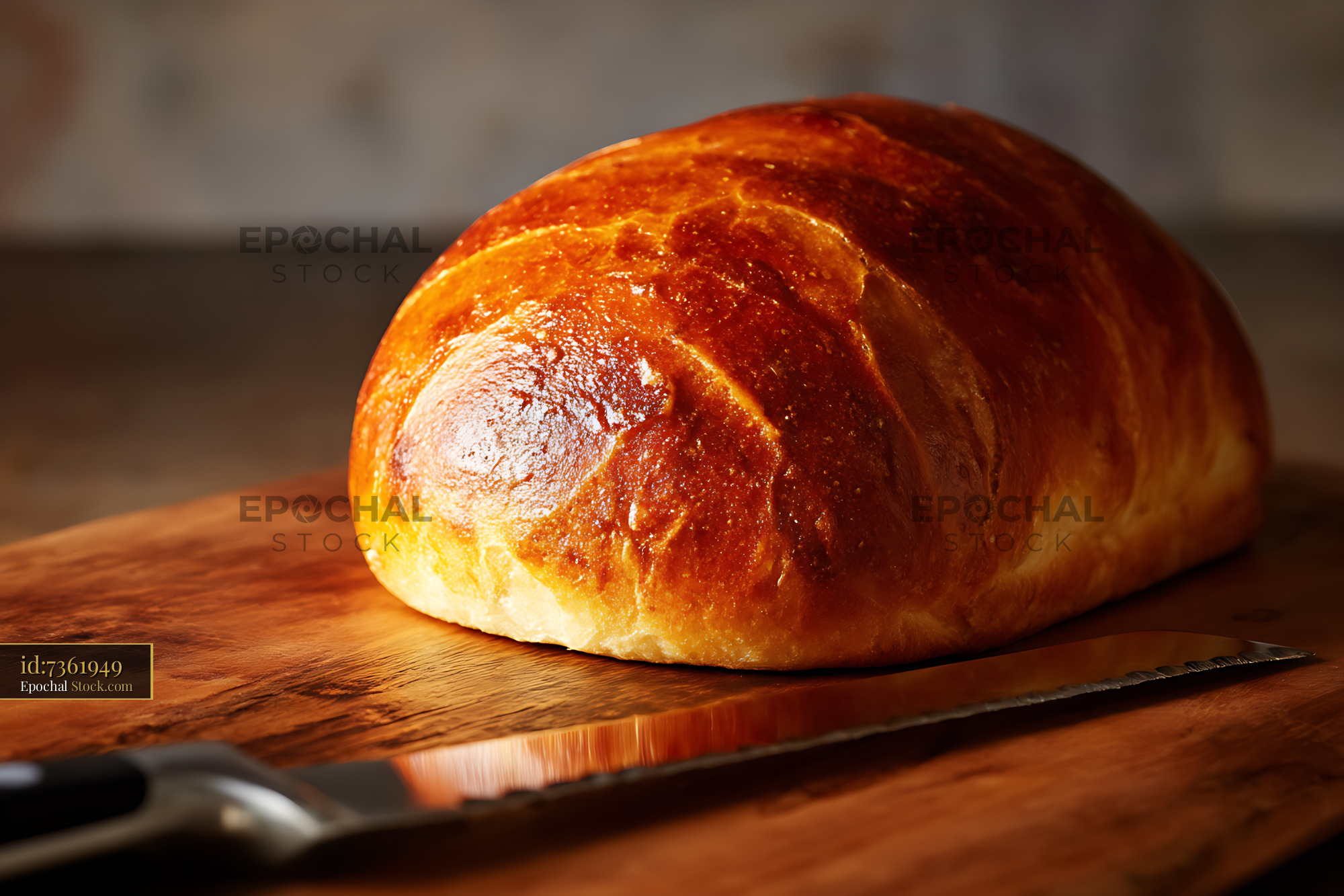 Freshly Baked Crusty Bread Roll on Wooden Board - stock photo