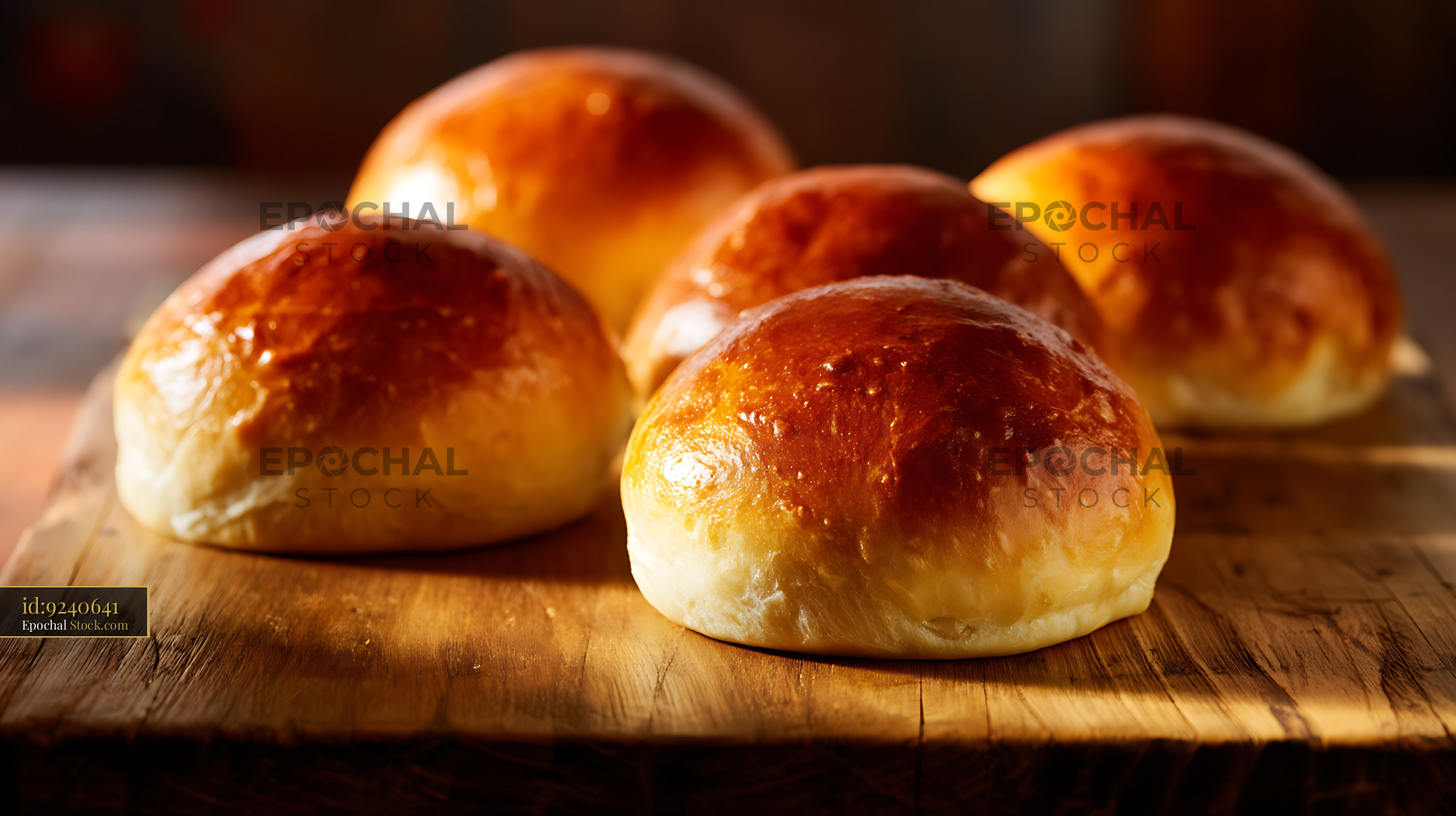 Fresh Baked Golden Rolls on Wooden Board - stock photo