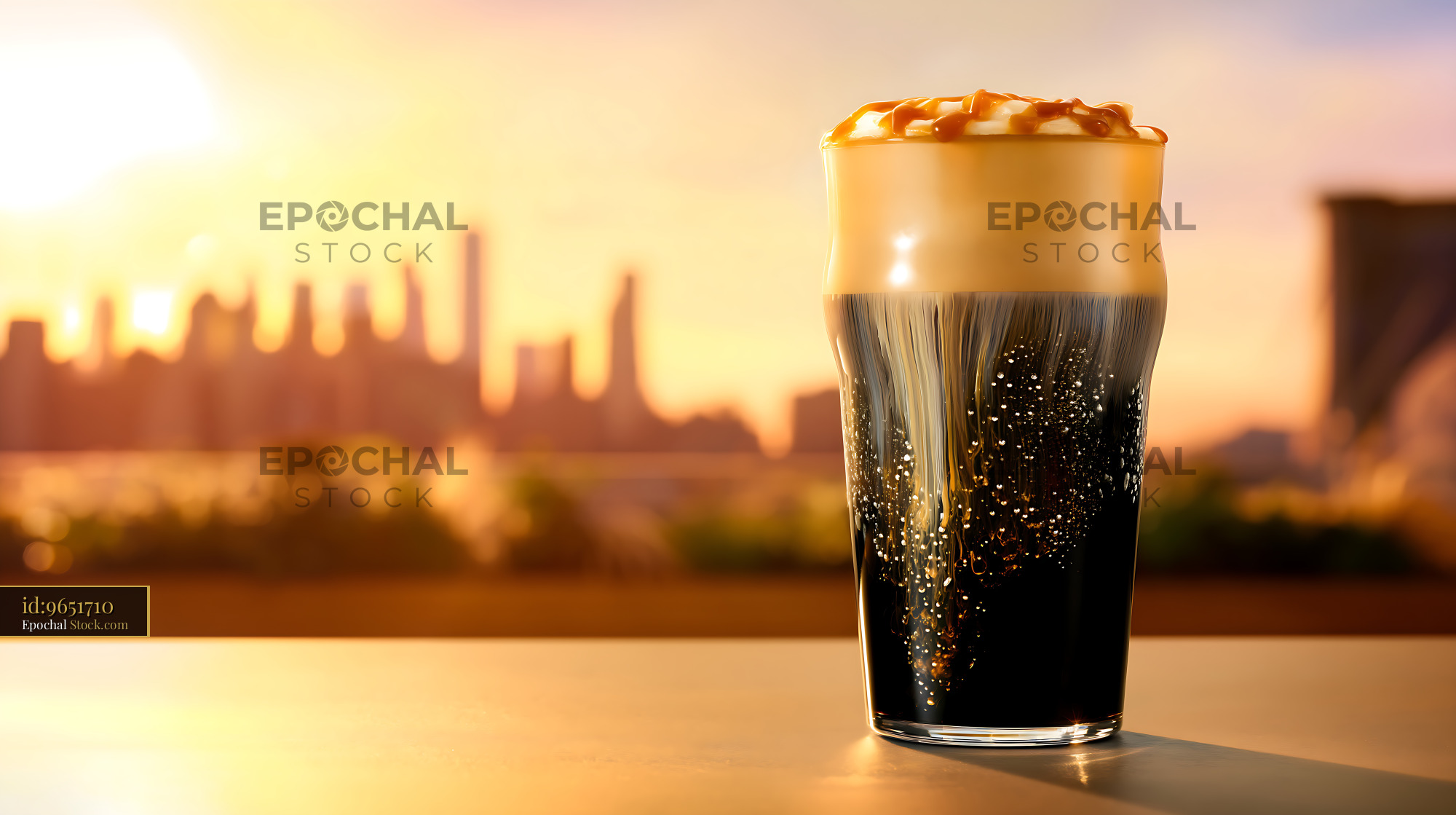 Nitro Caramel Coffee with Golden Hour View - stock photo