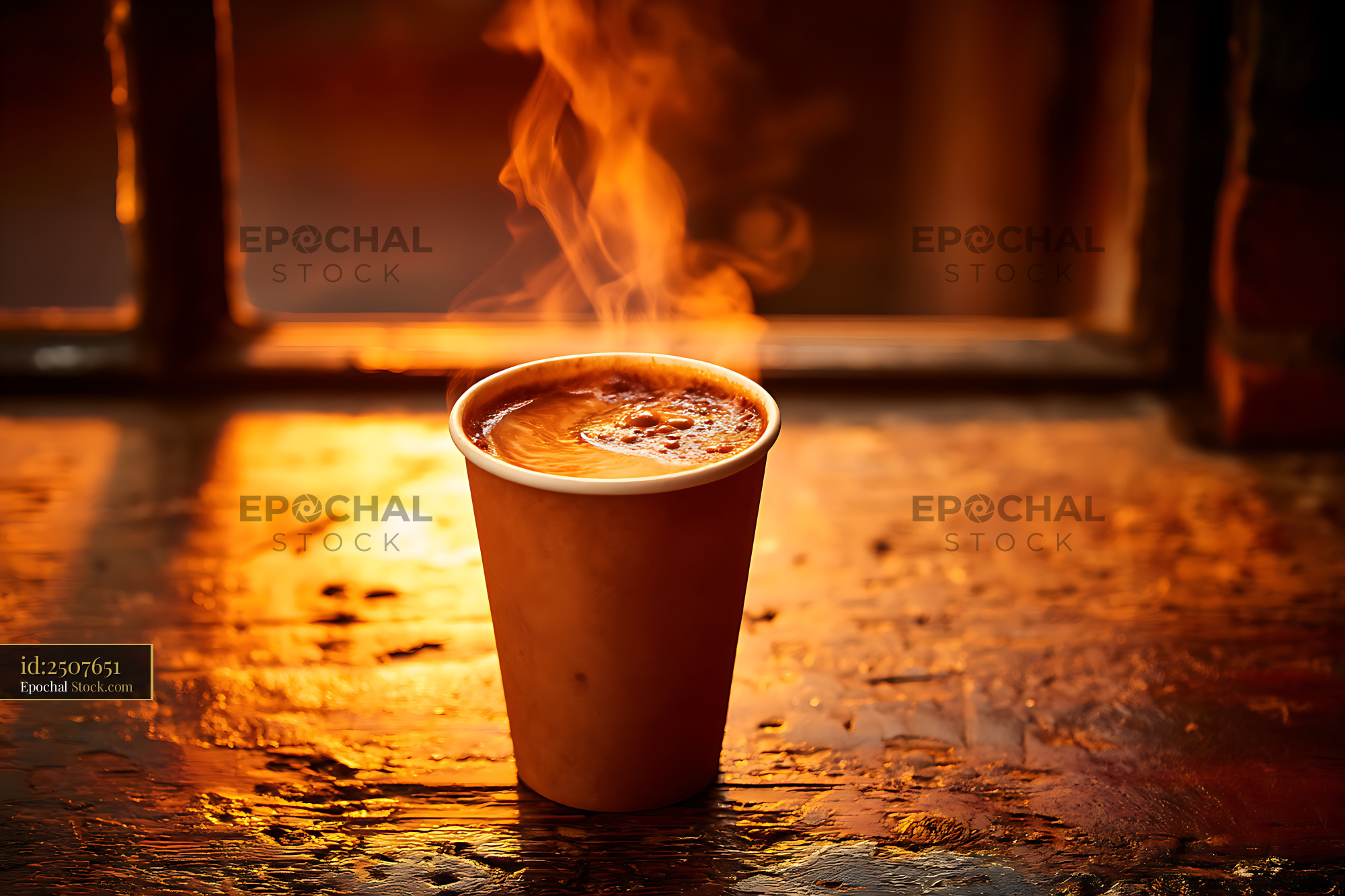 Hot Coffee Cup Steaming by Fireplace Glow - stock photo