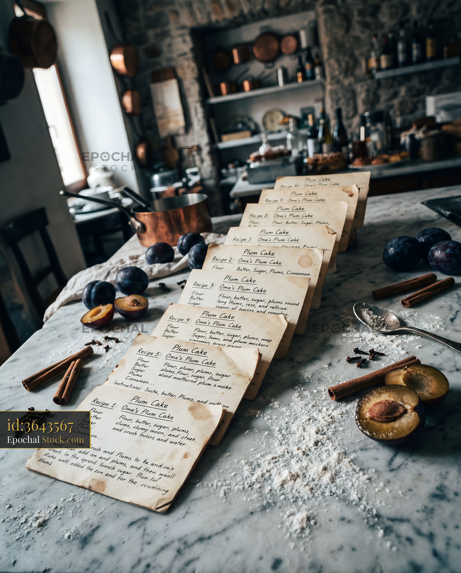 Recipes on a table in a rustic kitchen with fruits nearby Premium Stock Image - stock photo