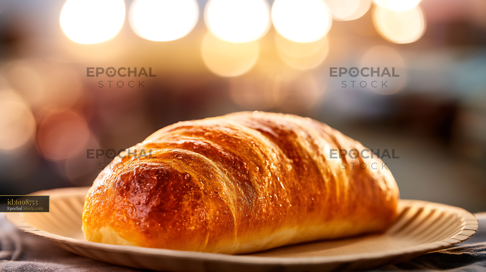 Golden Croissant on Plate, Warm Cafe Ambiance - stock photo