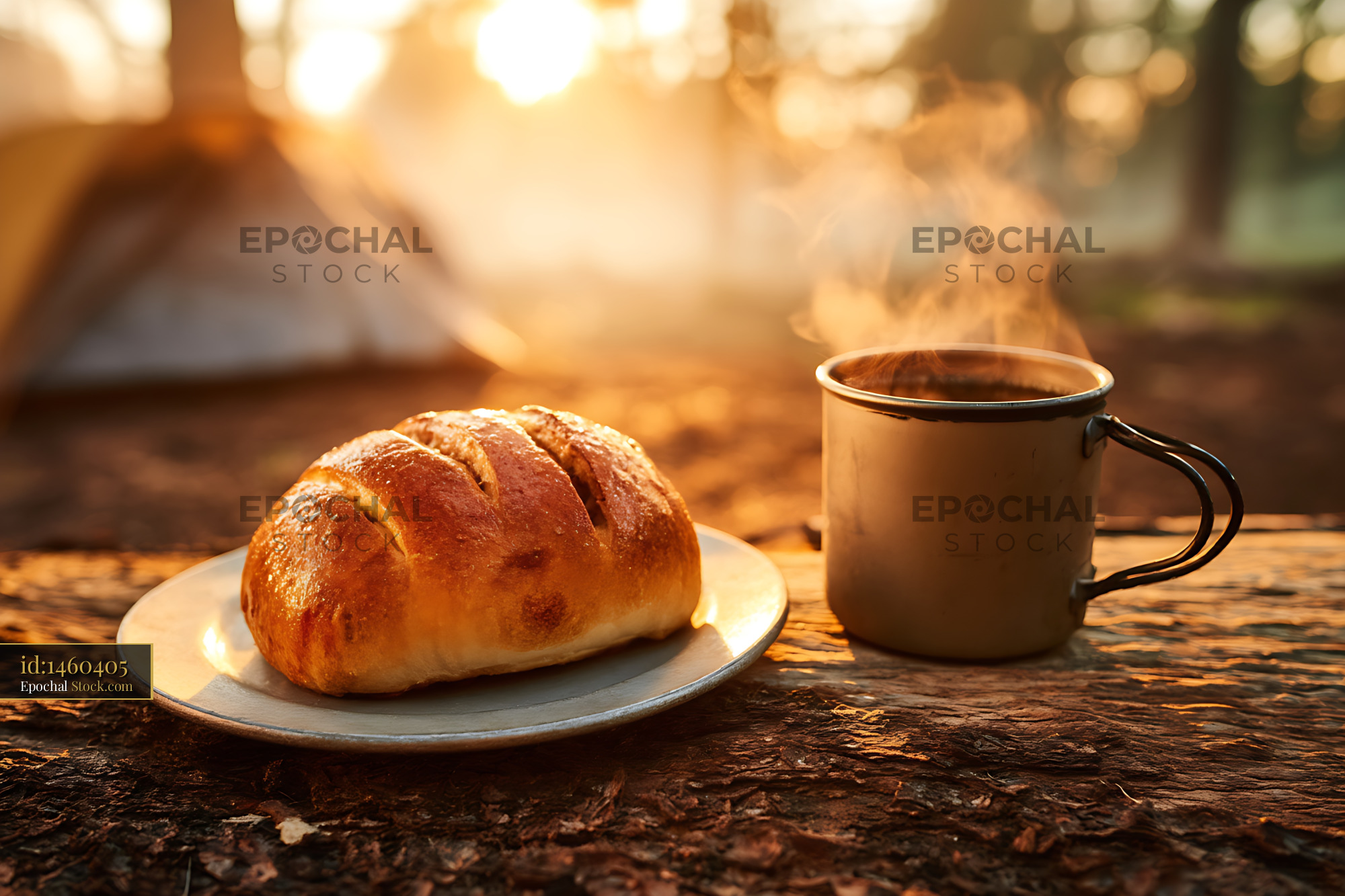 Golden Hour Camping Breakfast with Coffee - stock photo