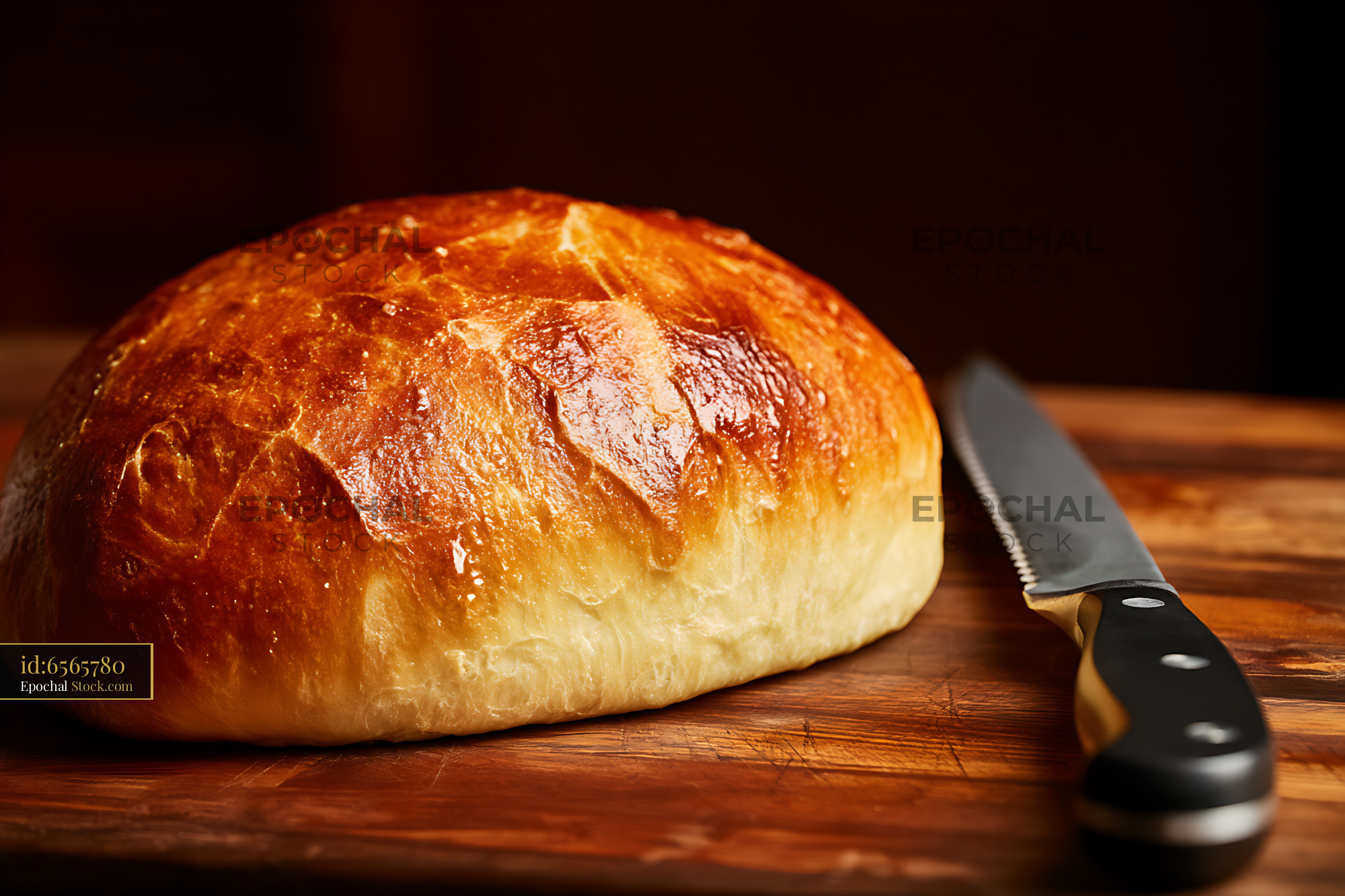 Golden Artisan Bread Roll on Cutting Board - stock photo
