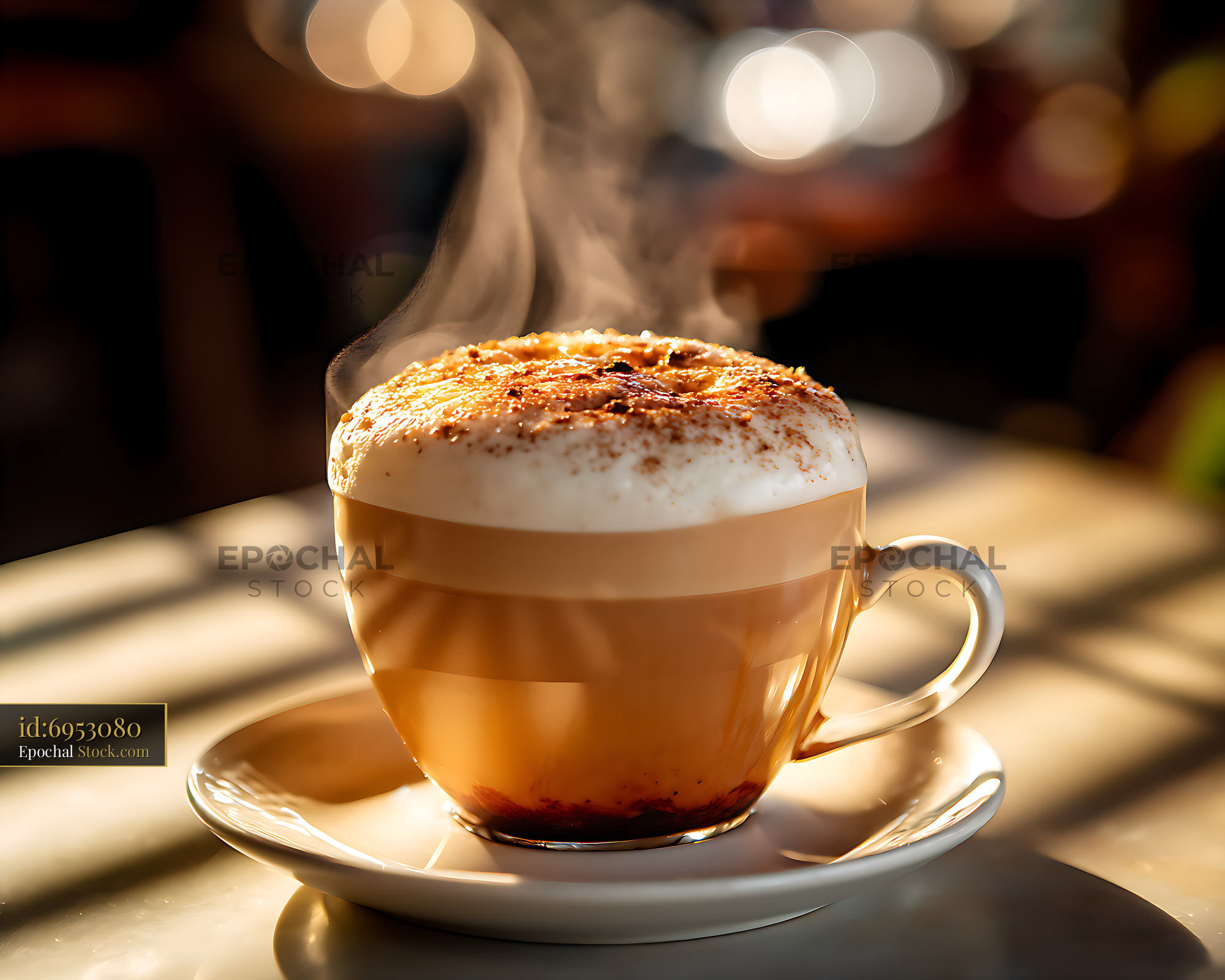 Steaming Cappuccino with Cinnamon in Cafe - stock photo