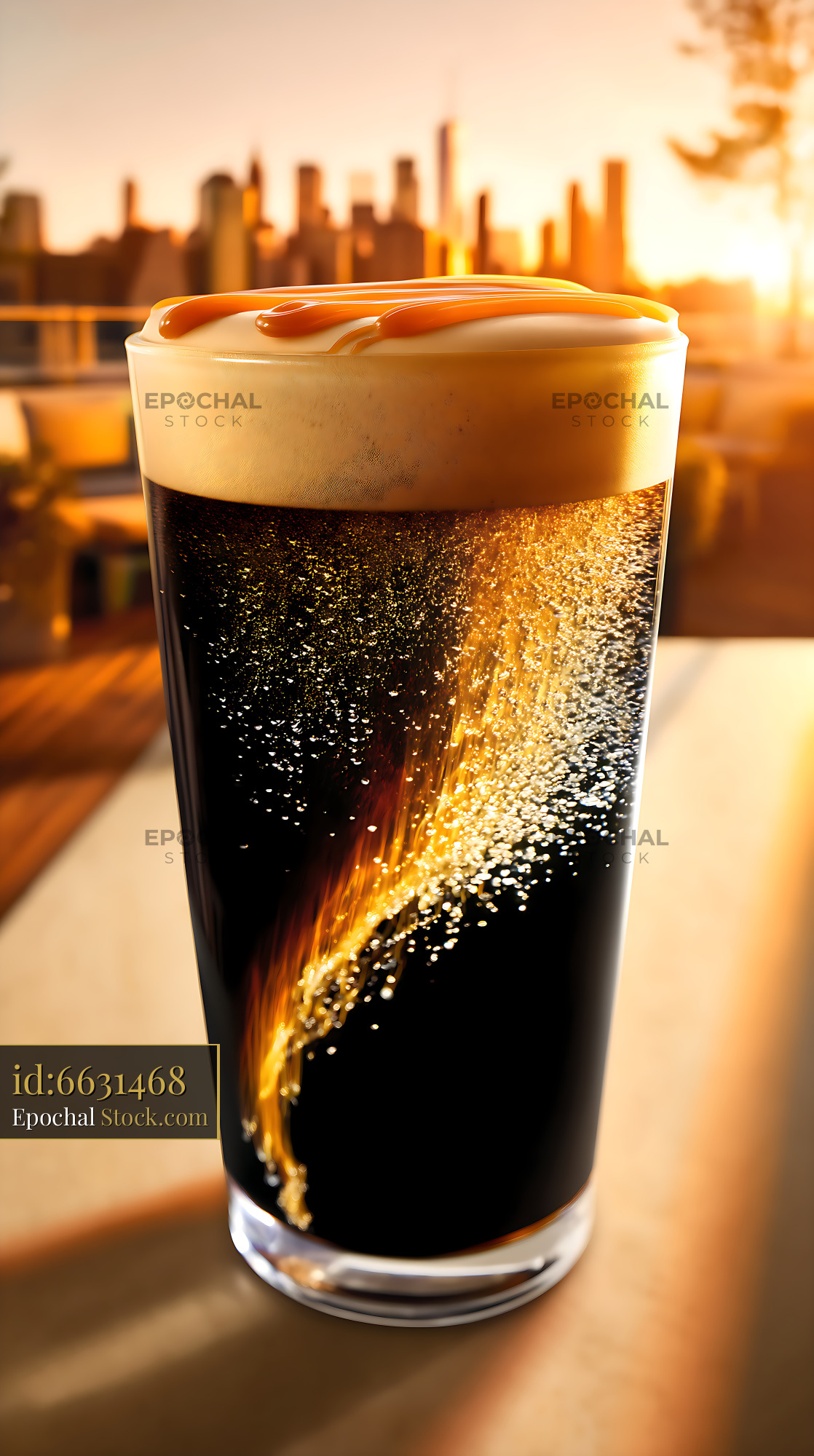 Iced Cola with Caramel Drizzle, Urban Sunset - stock photo