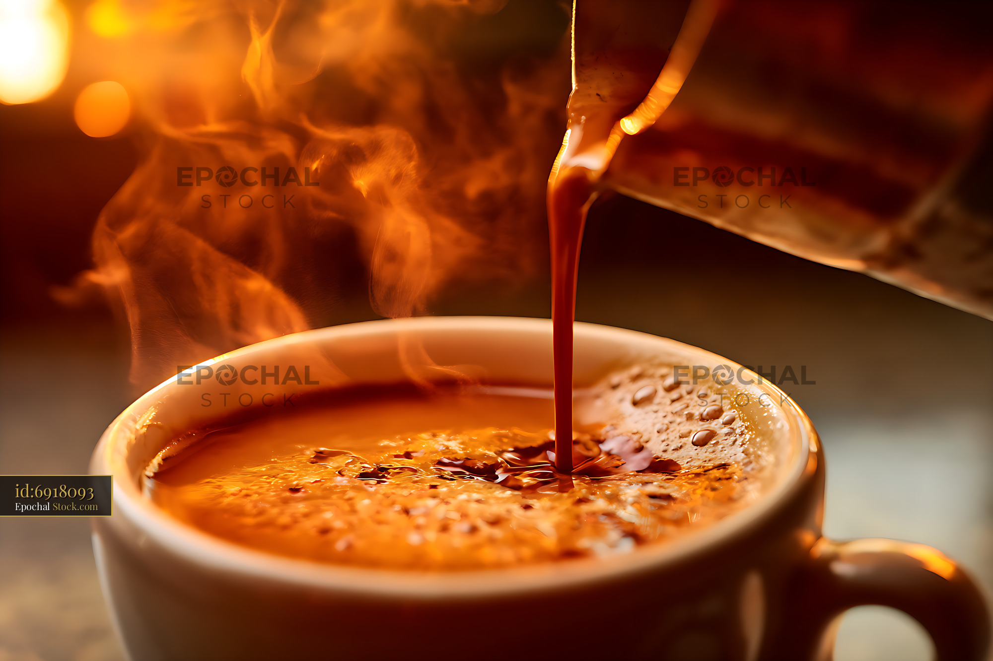 Freshly Poured Coffee Into White Ceramic Cup - stock photo