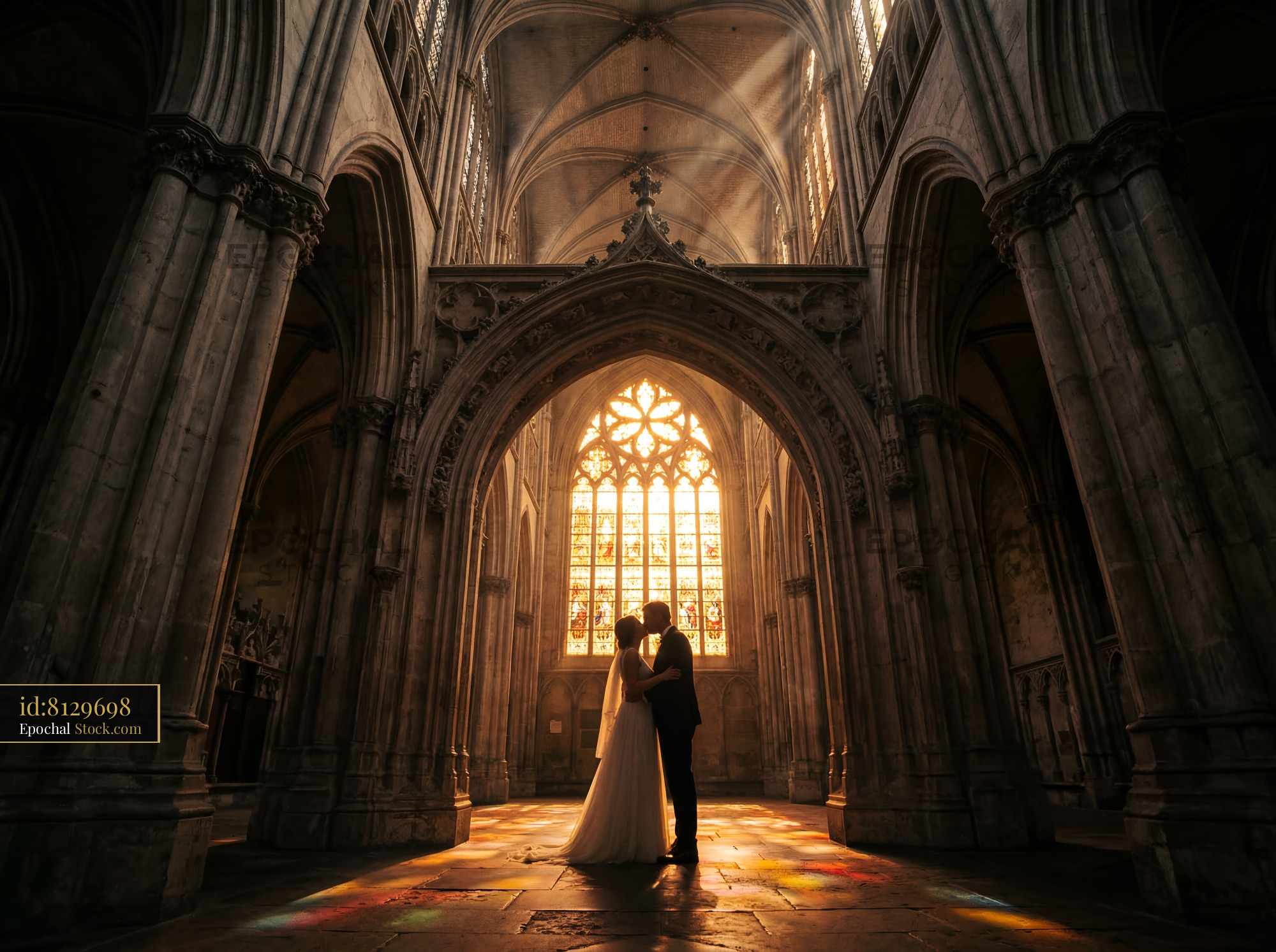 Couple shares a kiss inside historic cathedral during sunset Premium Stock Photo - stock photo