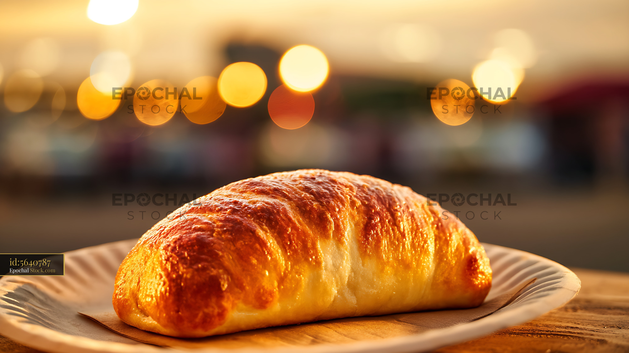 Fresh Croissant with Golden Bokeh Cafe Background - stock photo