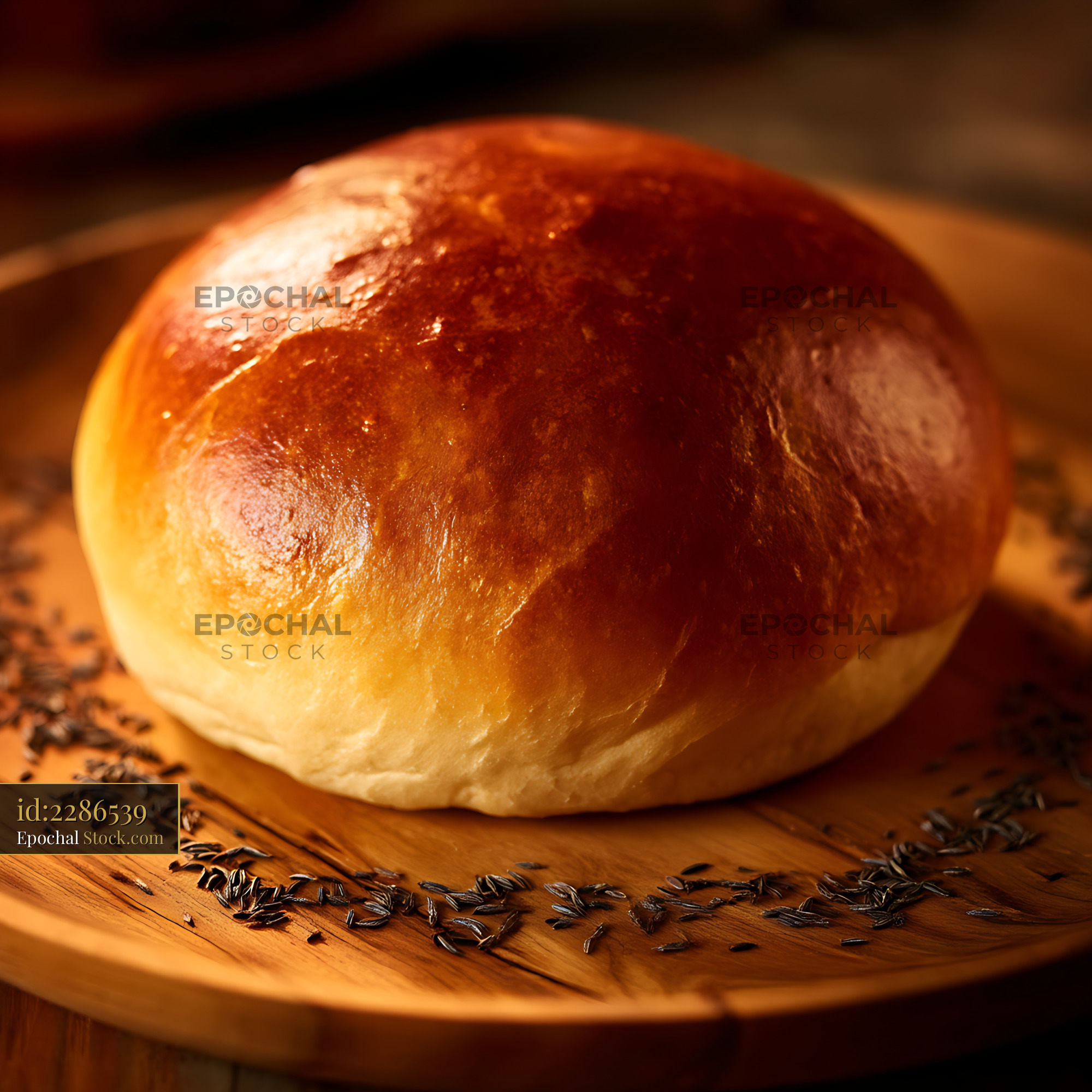 Golden Glazed Bread Roll with Caraway Seeds - stock photo