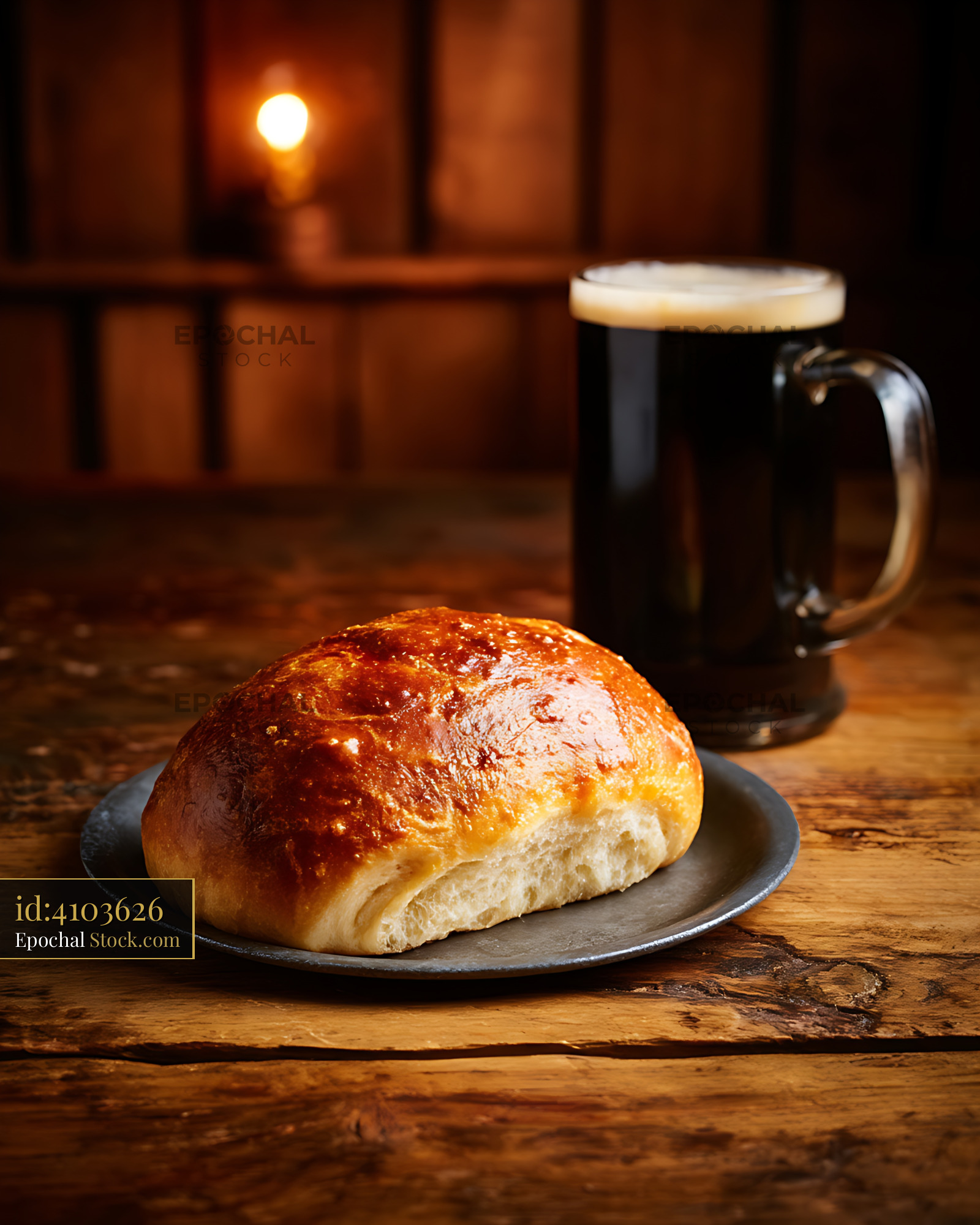 Crusty Bread Roll with Dark Beer Cozy Pub - stock photo