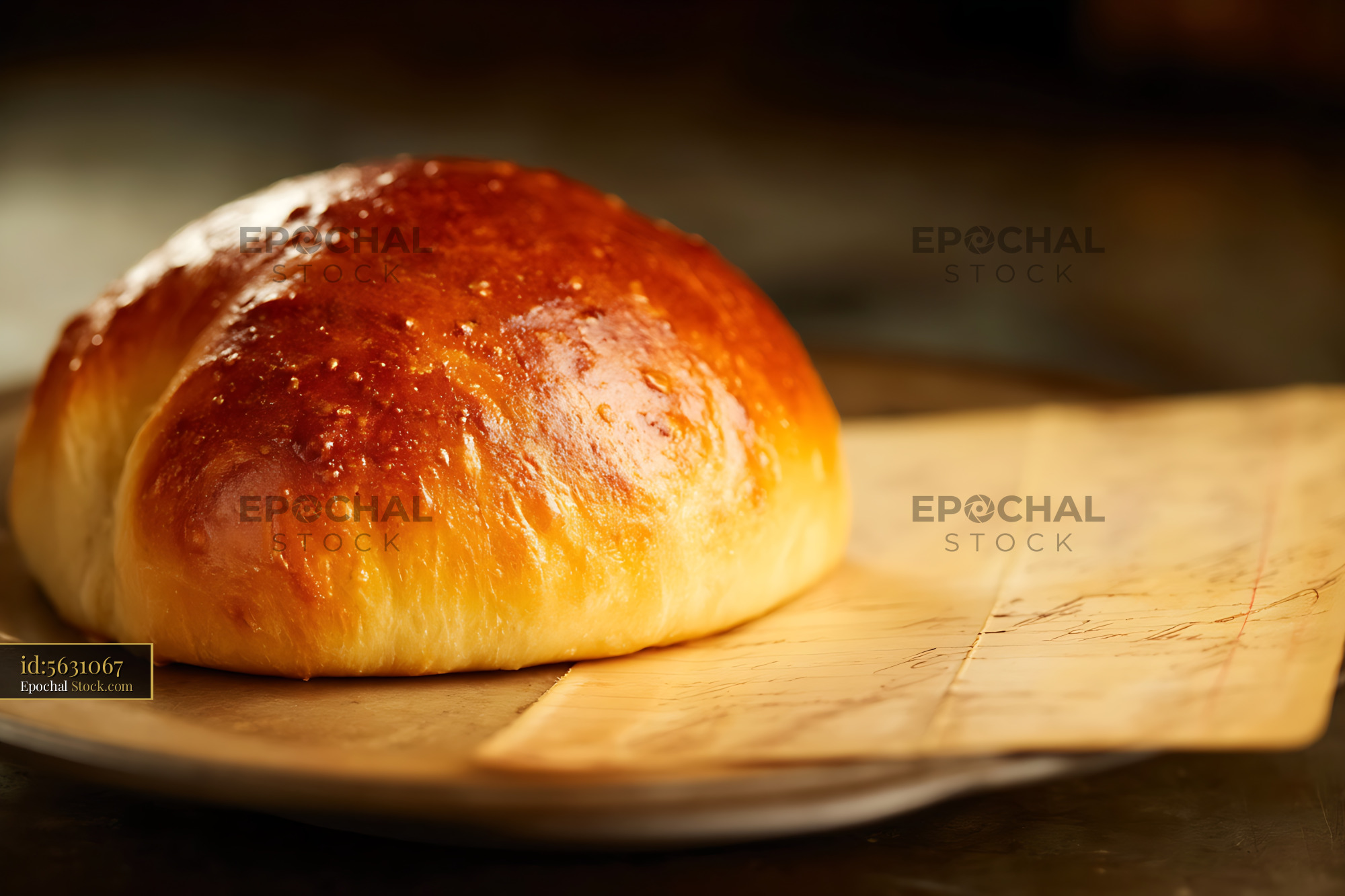 Golden Brioche Roll on Wooden Cutting Board - stock photo