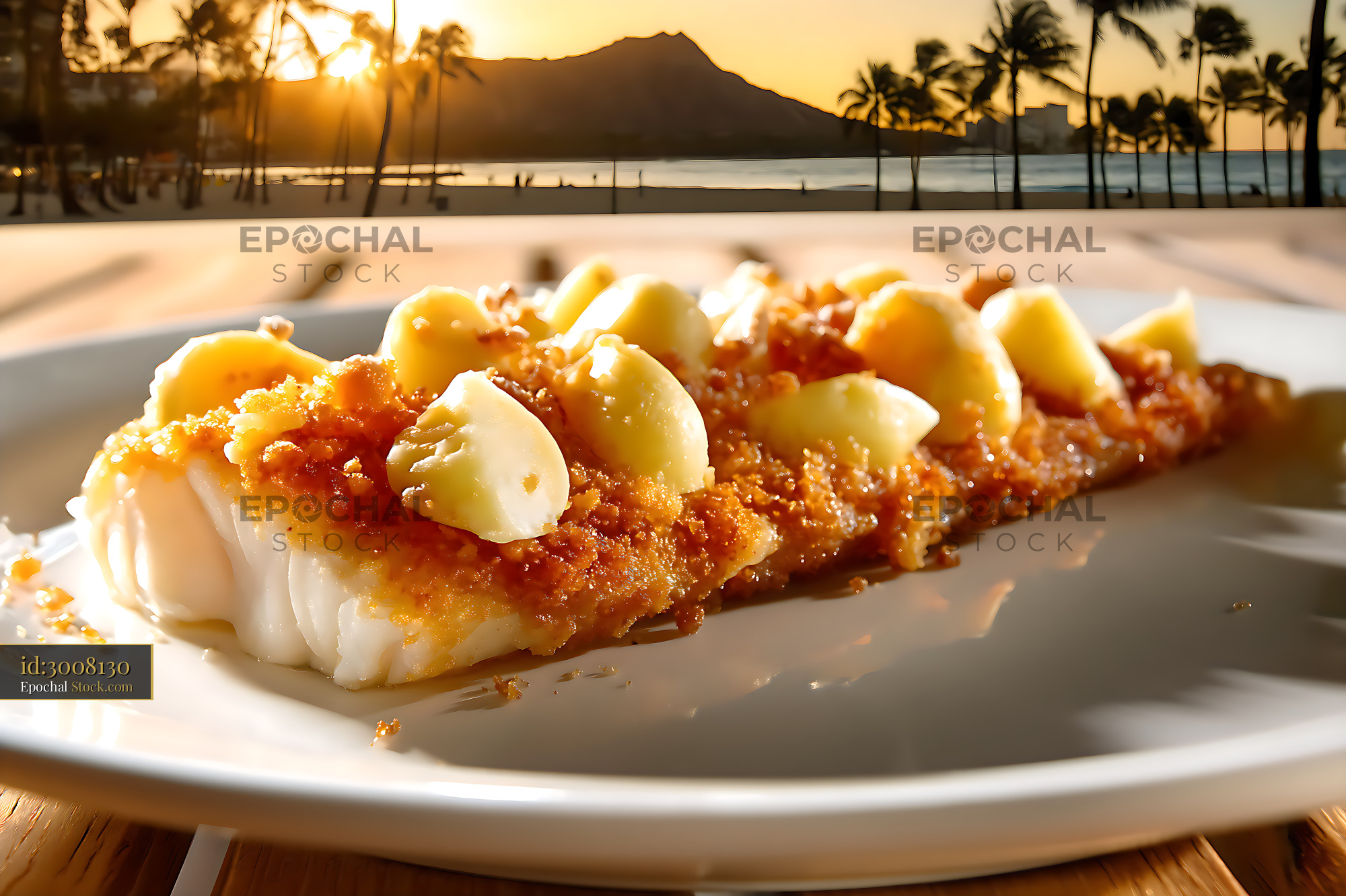 Fine Dining Scallops with Golden Crust at Sunset - stock photo