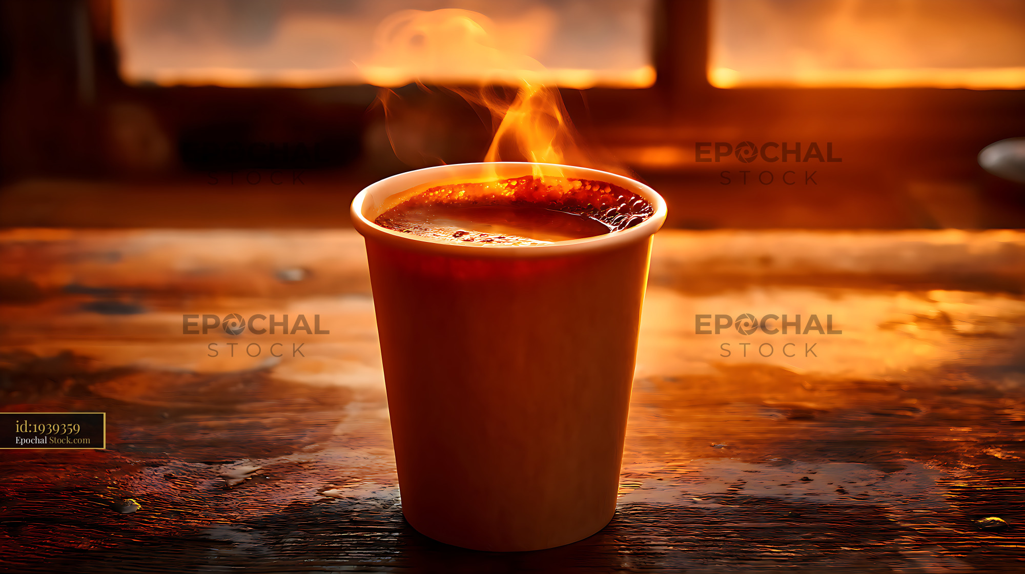 Hot Coffee Cup Steaming in Warm Golden Light - stock photo