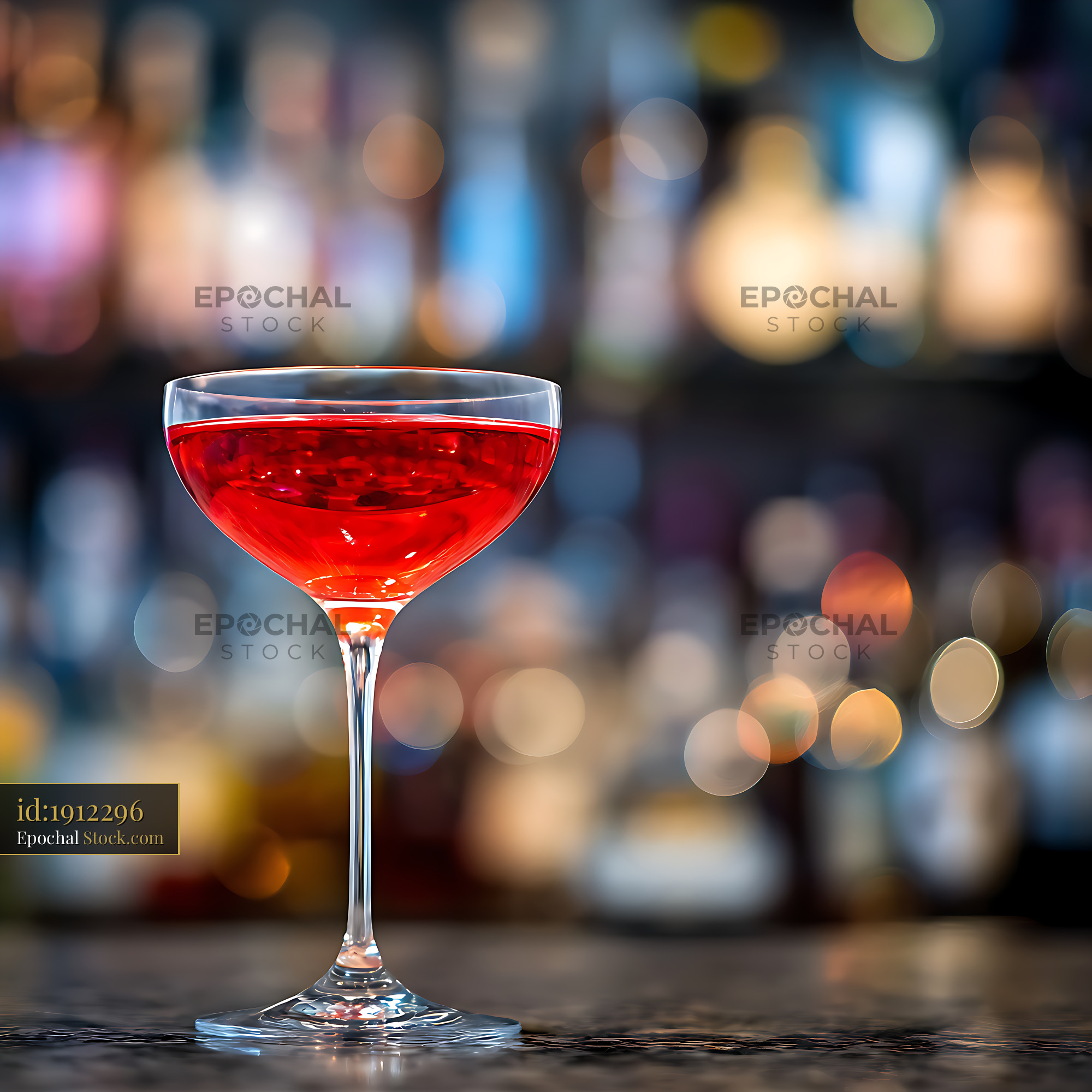 Red Cocktail in Martini Glass with Bokeh Lights - stock photo