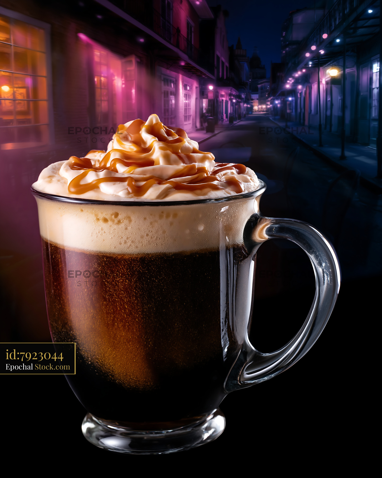 Caramel Drizzle Coffee Against Vibrant Neon City - stock photo