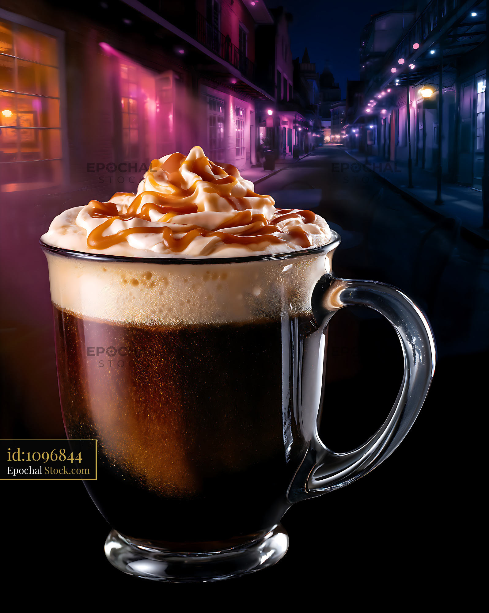 Caramel Espresso with Neon Urban Nightlife Backdrop - stock photo