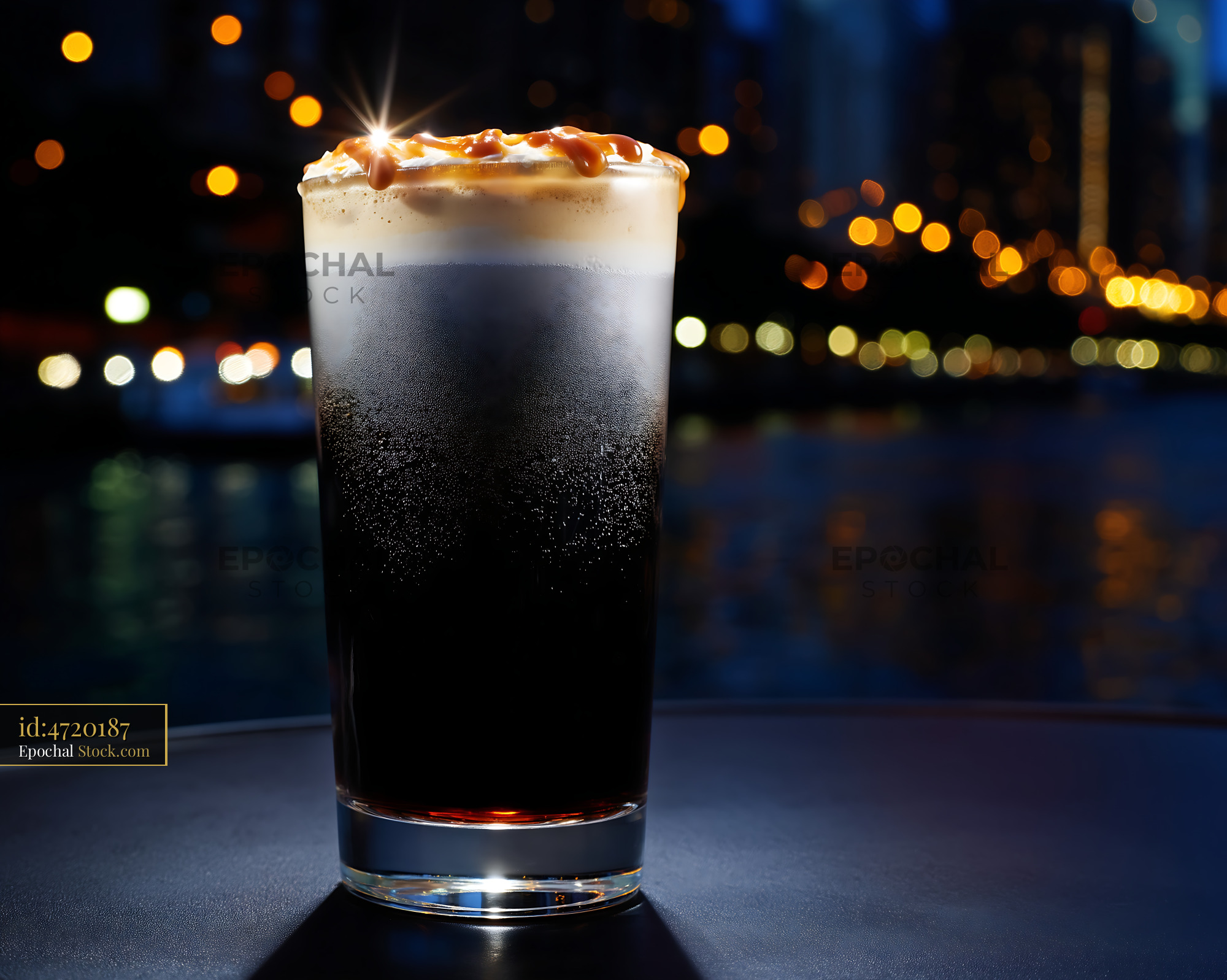 Dark Cola with Caramel Foam and Bokeh Lights - stock photo