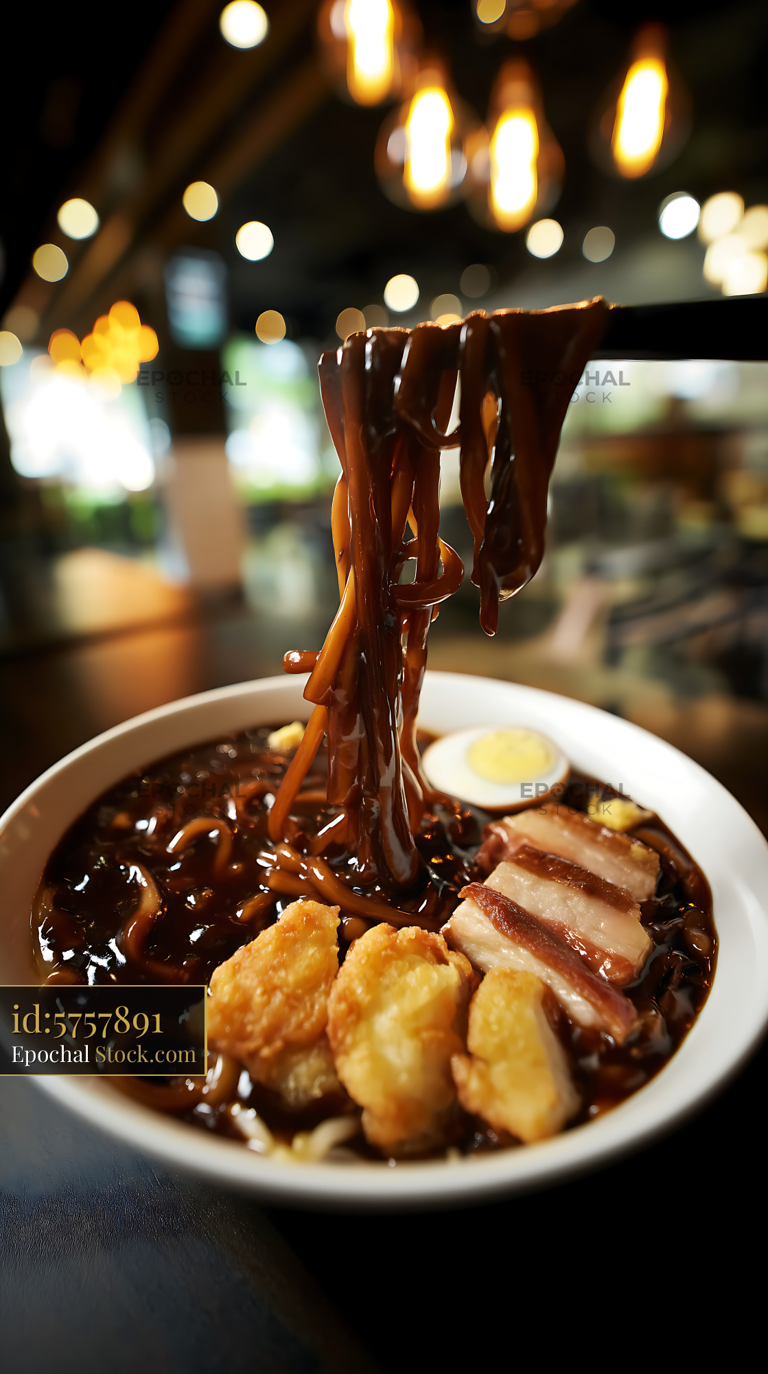 Lor Mee Soup Noodles Being Lifted by Chopsticks in Restauran - stock photo