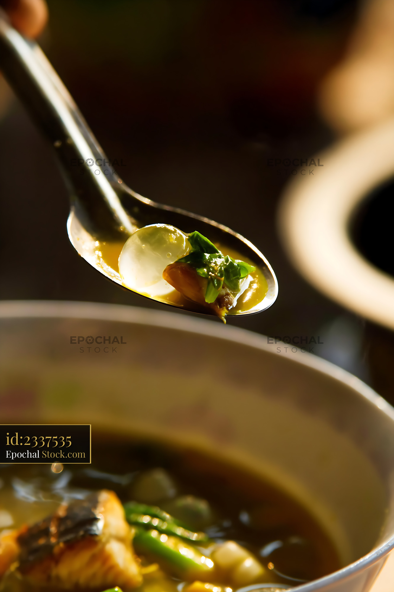 Lor Mee Soup Spoonful with Fish and Vegetables - stock photo