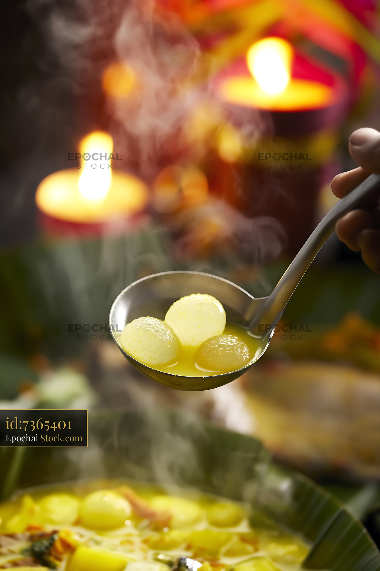 Serving Hot Lor Mee Soup with Steaming Fish Balls - stock photo
