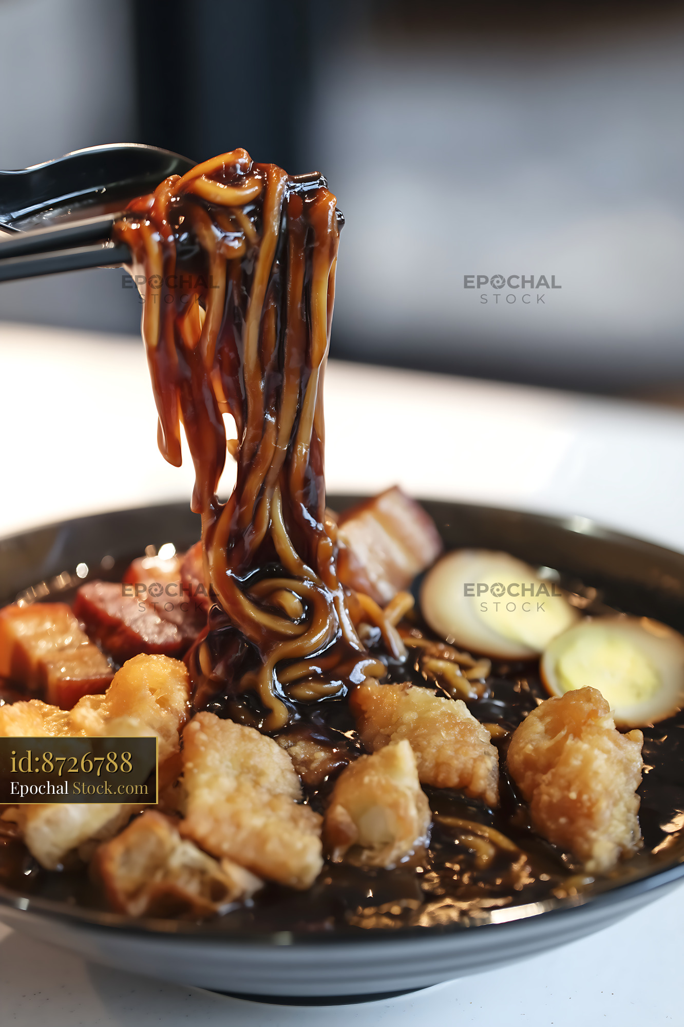 Lor Mee Soup Noodles Lifted with Chopsticks Close-Up - stock photo