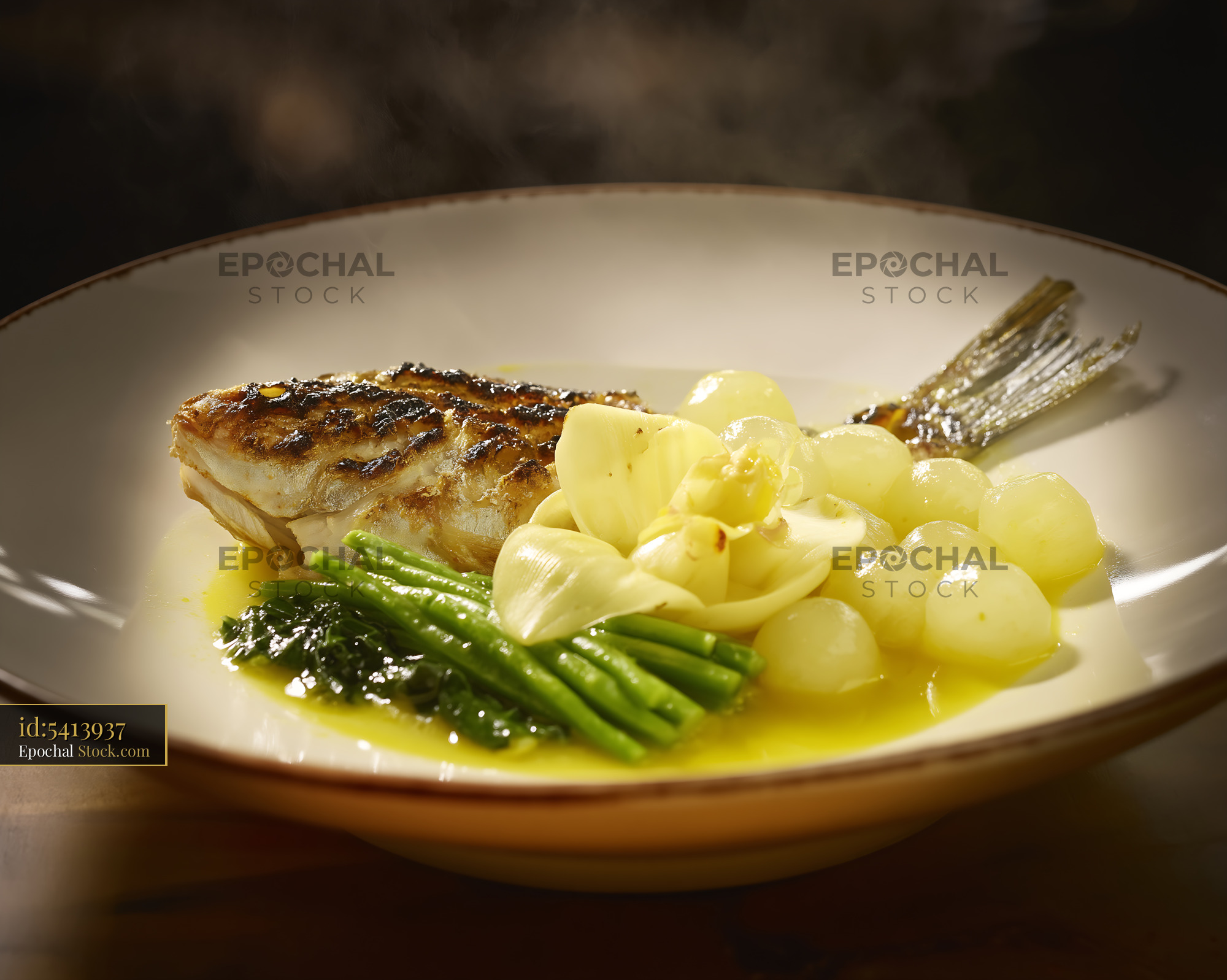 Steaming Grilled Fish Fillet with Vegetables on White Plate - stock photo