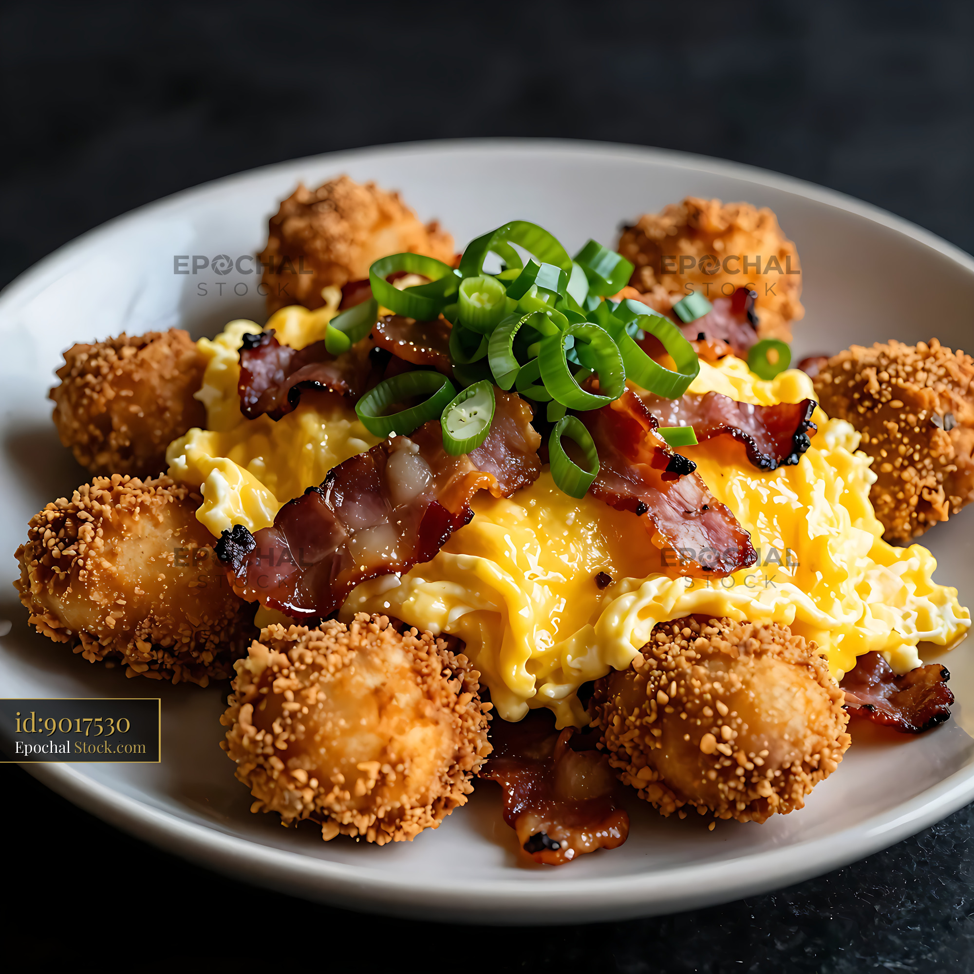 Scrambled Eggs with Bacon, Crispy Bites, Green Onions - stock photo