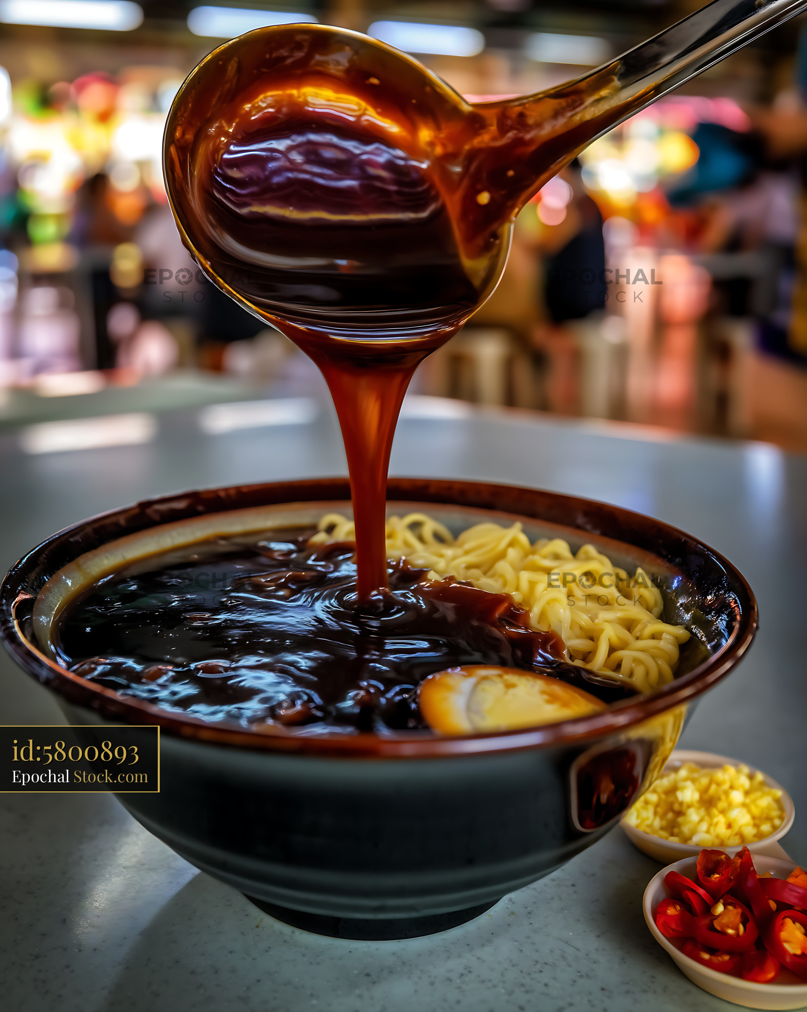 Rich Lor Mee Soup Poured Over Noodles and Egg - stock photo