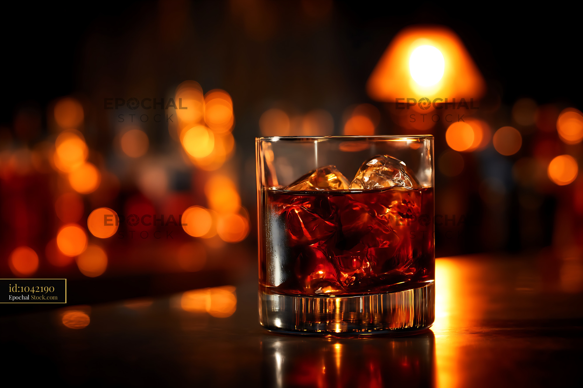 Bushwick Cocktail with Ice, Warm Amber Bar Lighting - stock photo