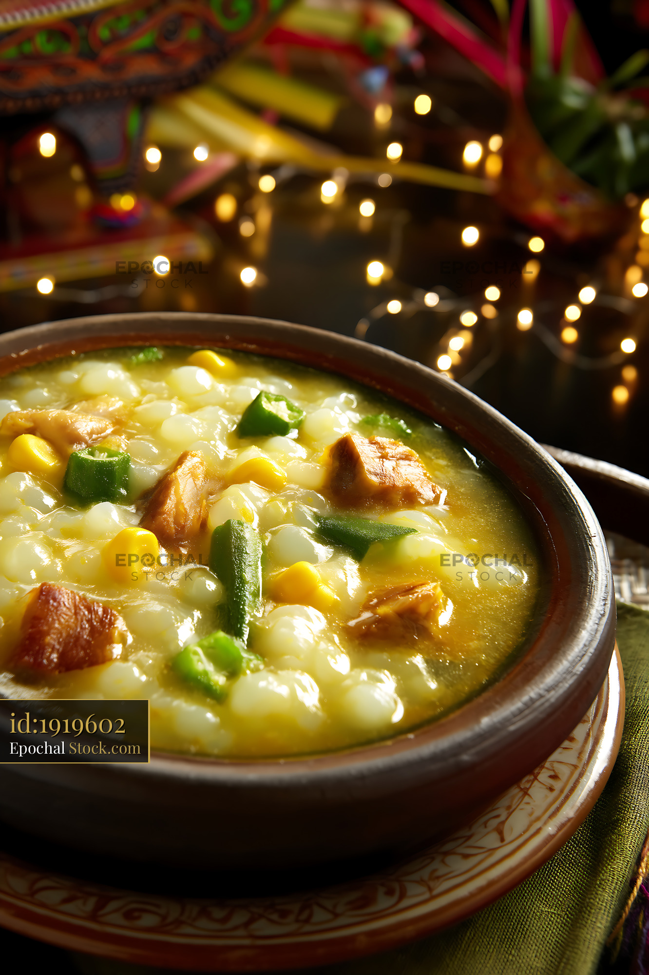 Hearty Lor Mee Soup with Okra and Corn in Earthenware Bowl - stock photo