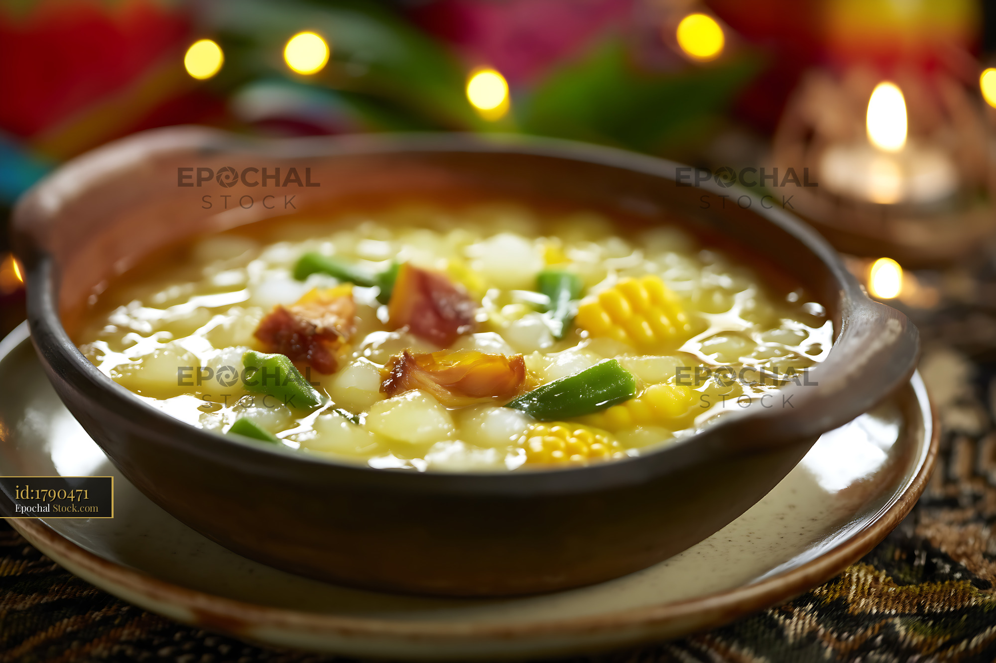 Kapurung Soup in Clay Bowl with Festive Lights - stock photo