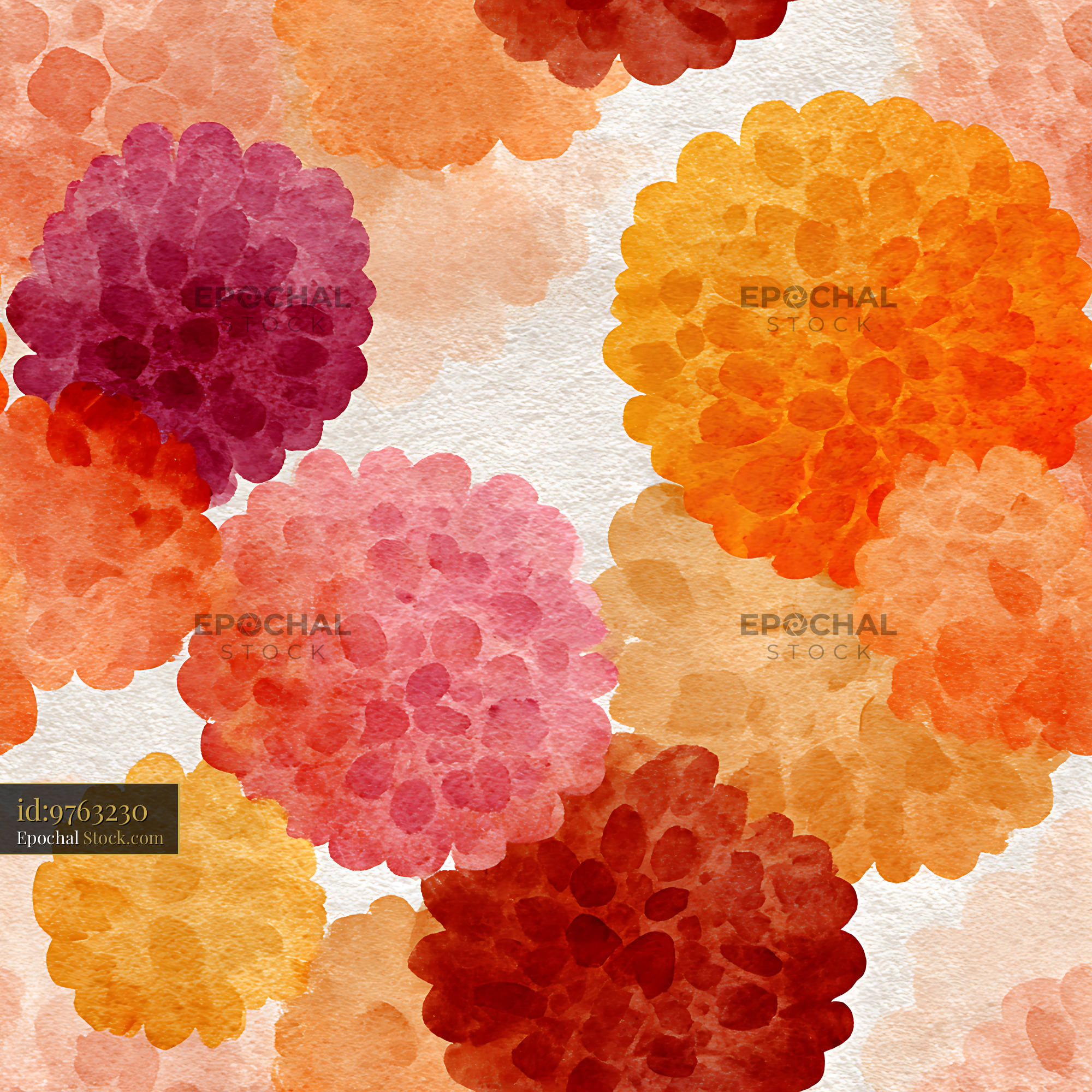 Watercolor Autumn Dahlia Mums Seamless Pattern - stock photo