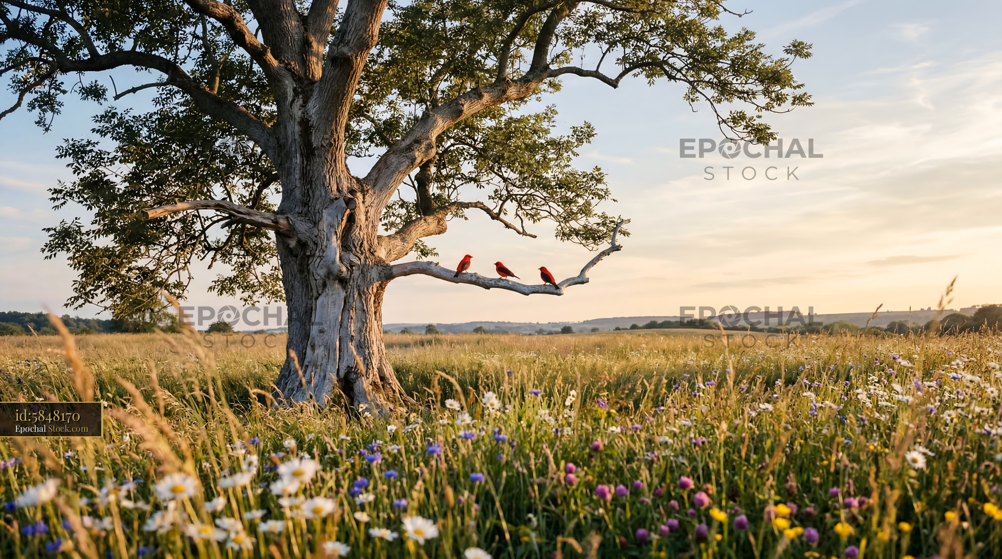 Cardinals sit on a branch of a tree in a field at sunset Premium Stock Photo - stock photo