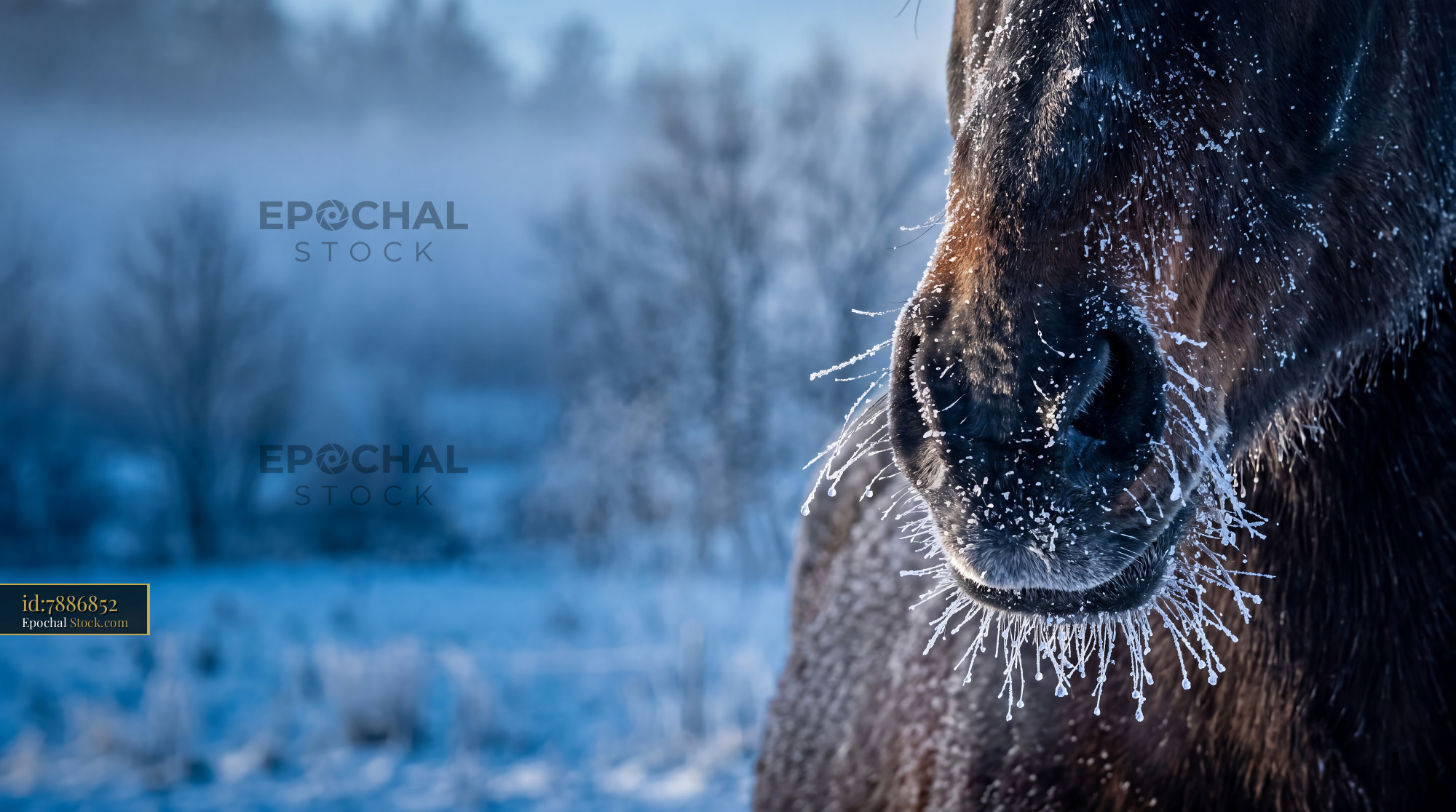 Frosted Horse Muzzle Blue Winter Detail - stock photo