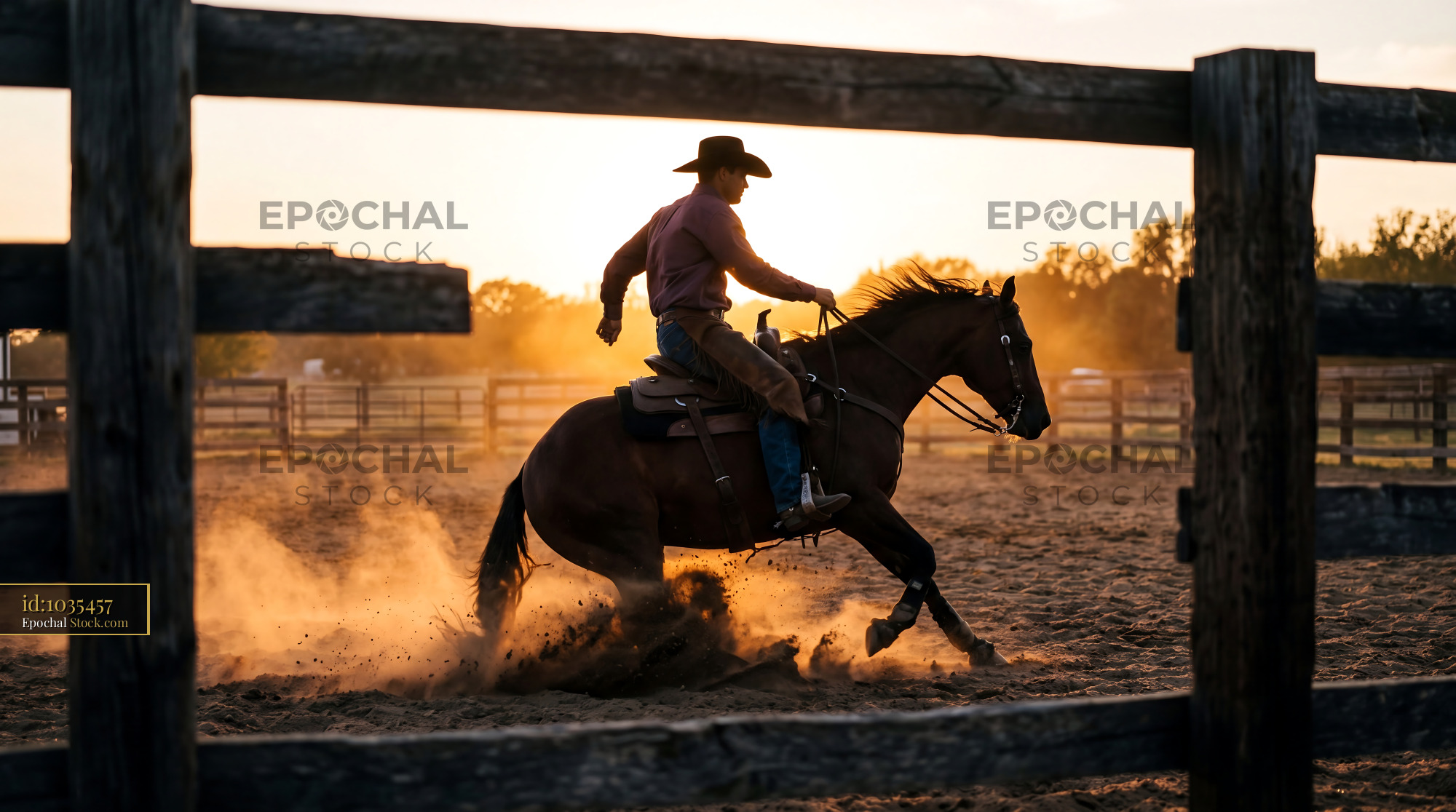 Golden Hour Cowboy Reining Horse Silhouette - stock photo