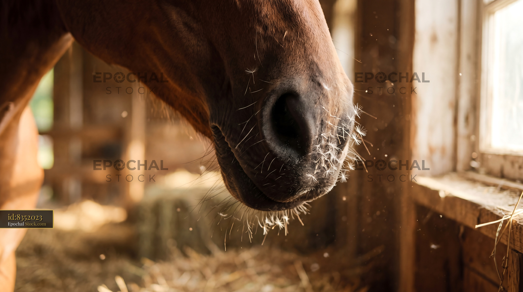 Soft Horse Nose with Golden Dandelion Seeds - stock photo