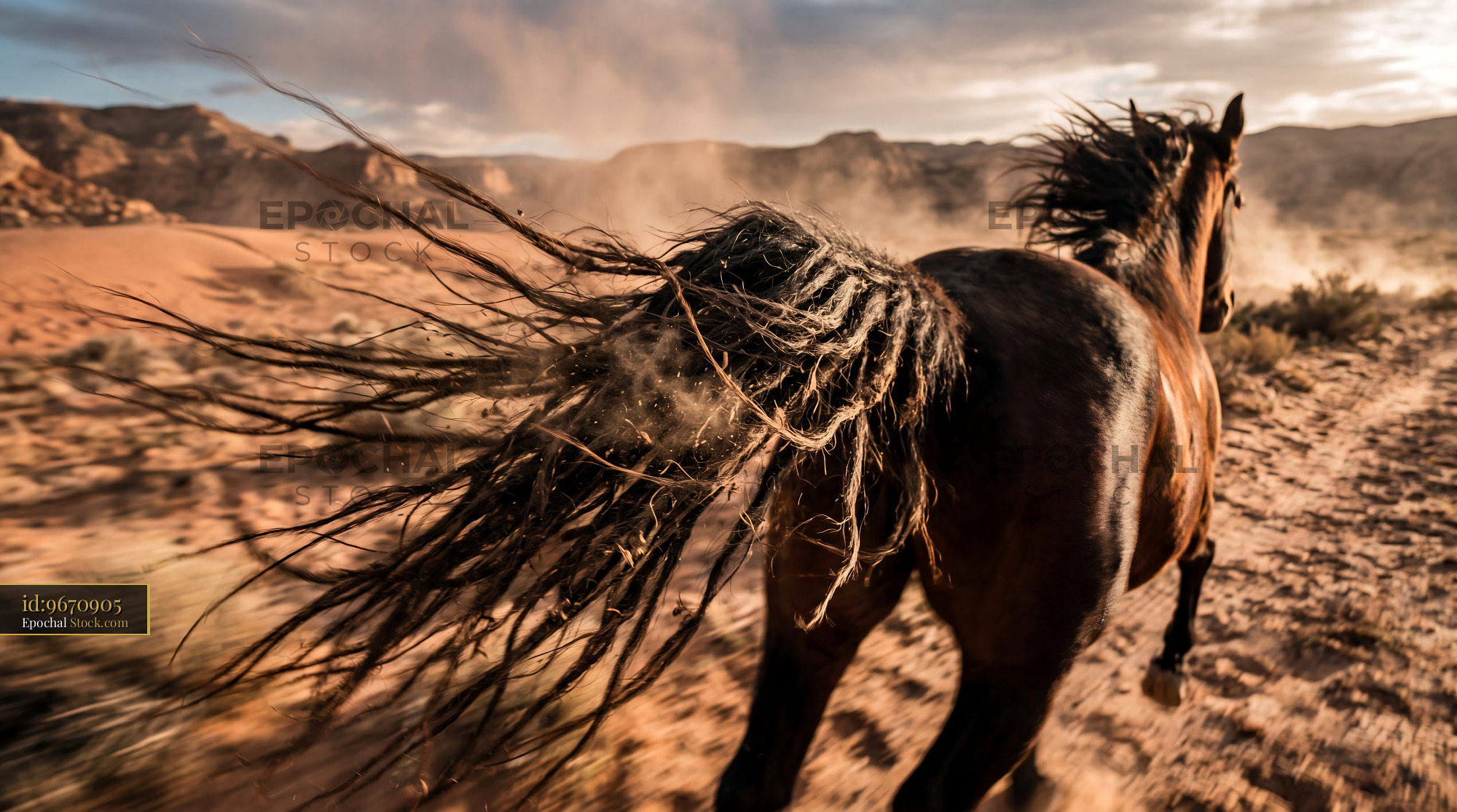 Wild Horse Mane Blowing in Dusty Desert Wind - stock photo