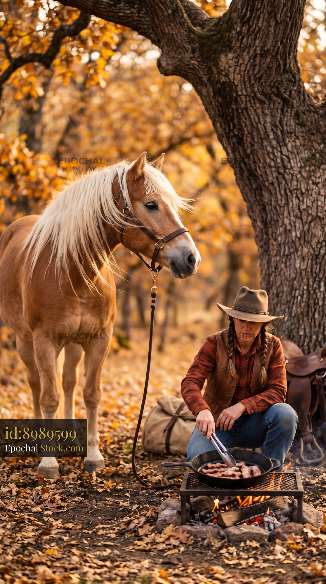 Autumn Cowgirl Campfire with Golden Haflinger - stock photo